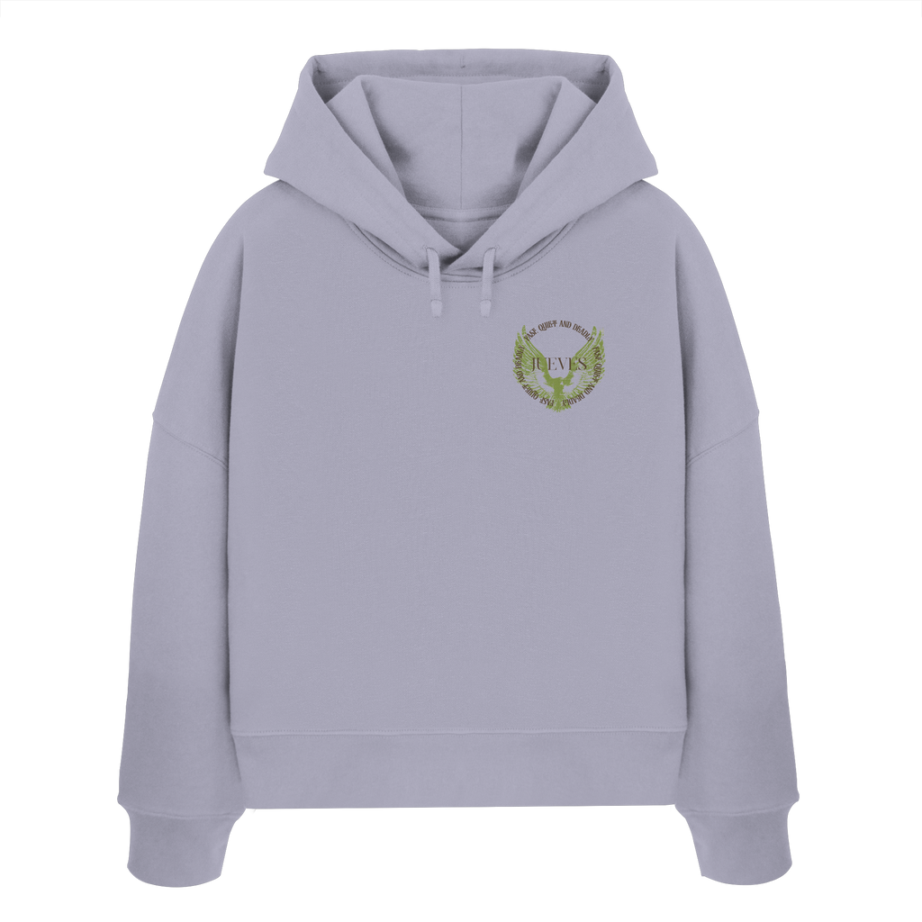 Frontansicht des lavendel Damen oversized Boxcut Hoodies von Jueves Apparel mit oversized Schnitt, Druck auf der Brust– Streetwear aus 100 % Bio-Baumwolle, 300 g/m² Stoffgewicht. 
