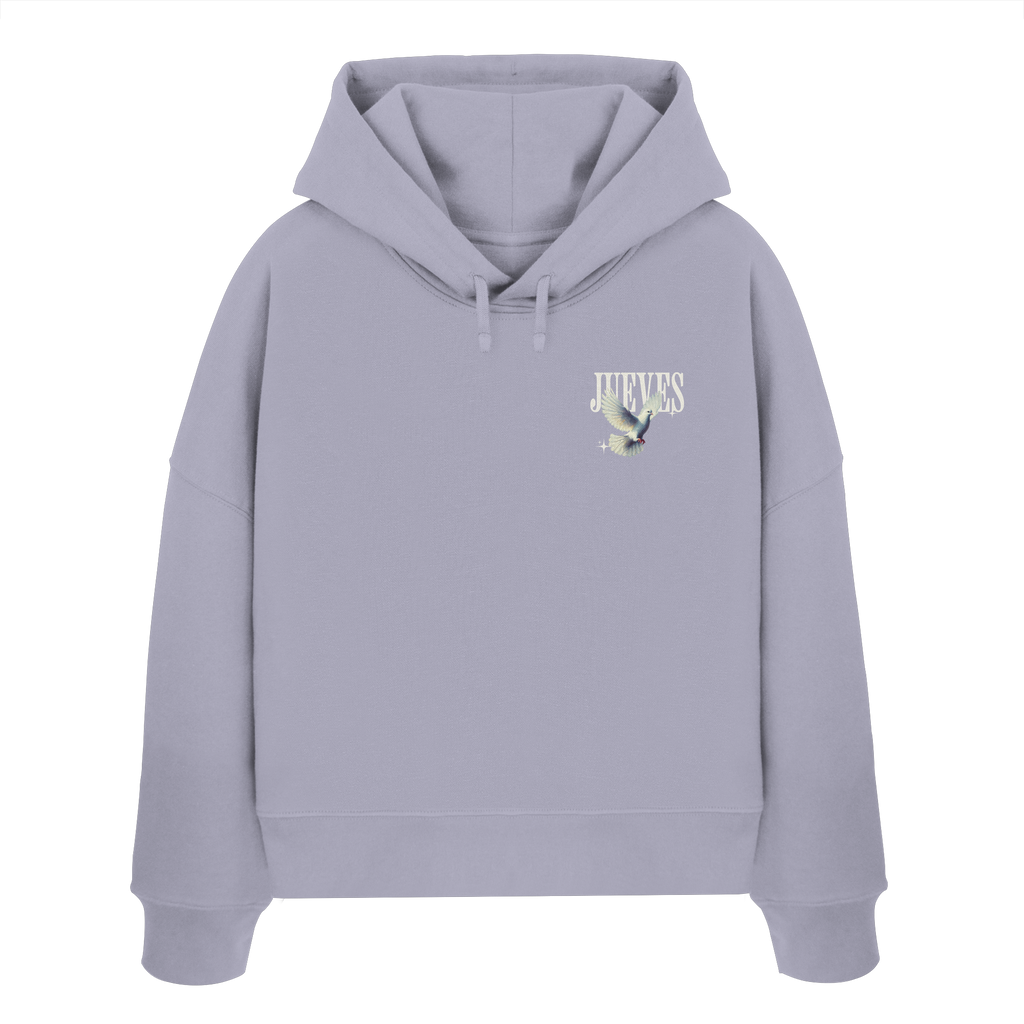 Frontansicht des lavendel Damen oversized Boxcut Hoodies von Jueves Apparel mit oversized Schnitt, Druck auf der Brust– Streetwear aus 100 % Bio-Baumwolle, 300 g/m² Stoffgewicht. 