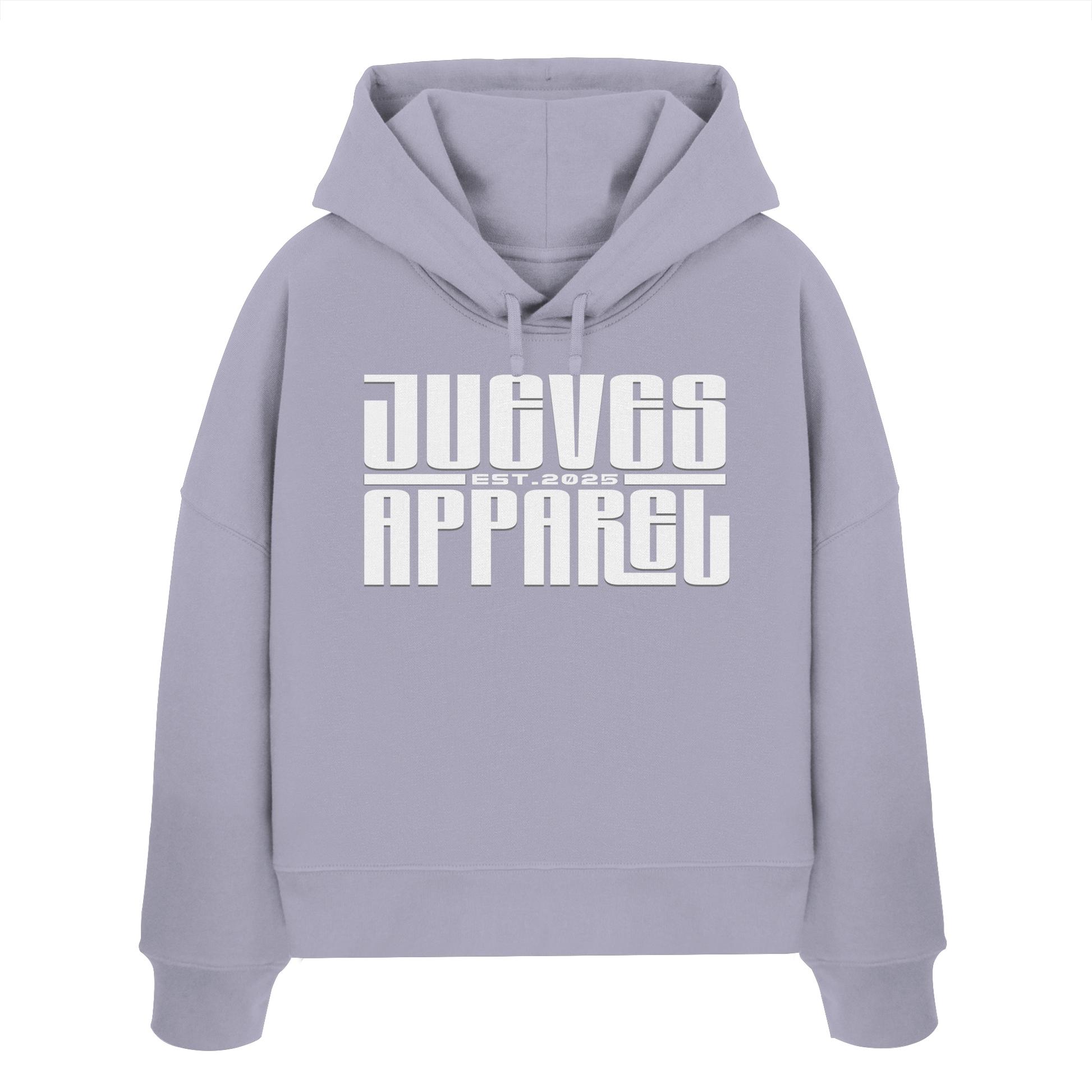 Frontansicht des lavendel Damen oversized Boxcut Hoodies von Jueves Apparel mit oversized Schnitt, Druck auf der Brust– Streetwear aus 100 % Bio-Baumwolle, 300 g/m² Stoffgewicht.