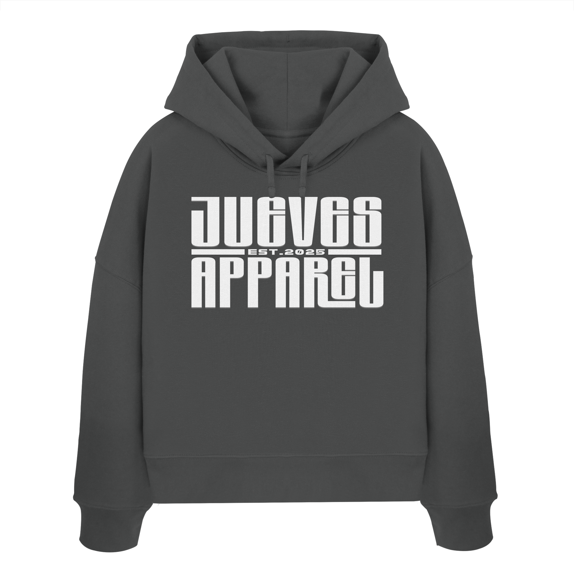 Damen Boxcut Hoodie „Long Label“ in Anthracite von Jueves Apparel aus 100% Baumwolle – auffälliger Brustdruck als Schriftzug, moderner Urban Streetwear-Look.