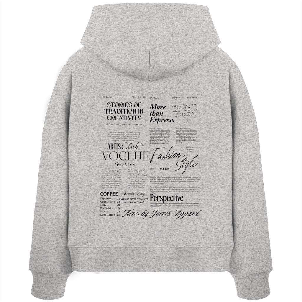 Damen Boxcut Hoodie „Mail“ in Heather Grey von Jueves Apparel aus 100% Baumwolle – auffälliger Rückendruck Zeitungsdesign, moderner Urban Streetwear-Look.
