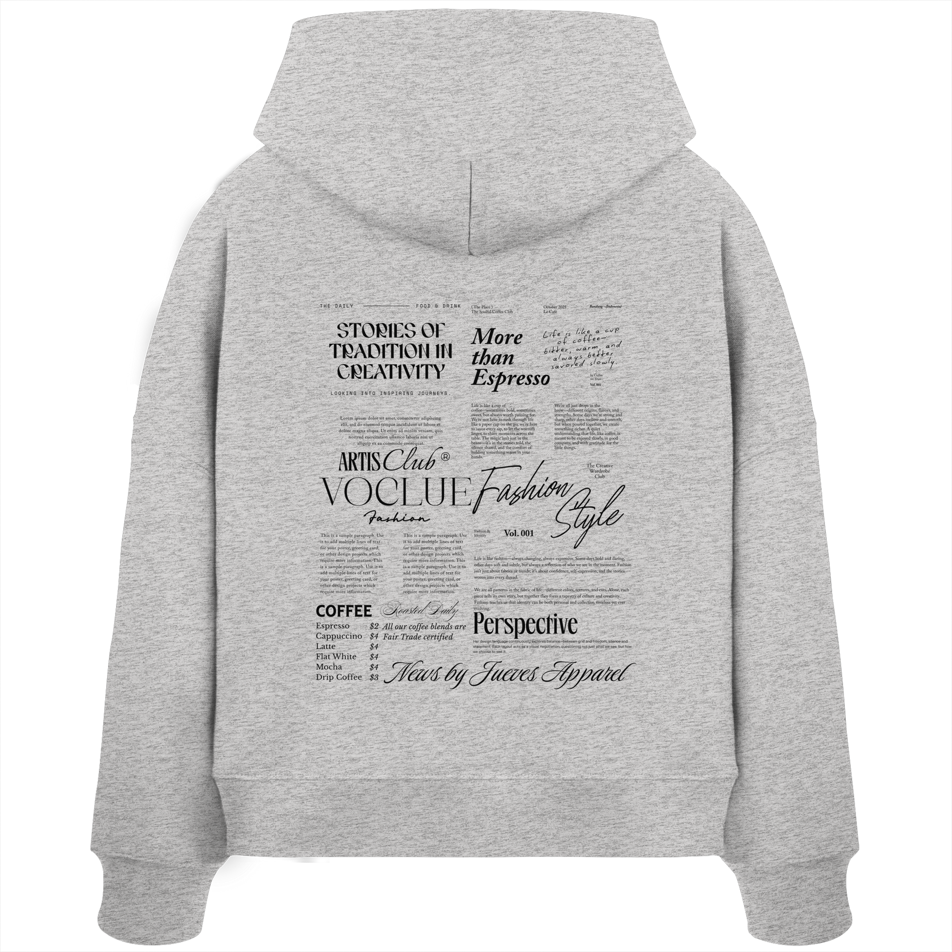 Damen Boxcut Hoodie „Mail“ in Heather Grey von Jueves Apparel aus 100% Baumwolle – auffälliger Rückendruck Zeitungsdesign, moderner Urban Streetwear-Look.