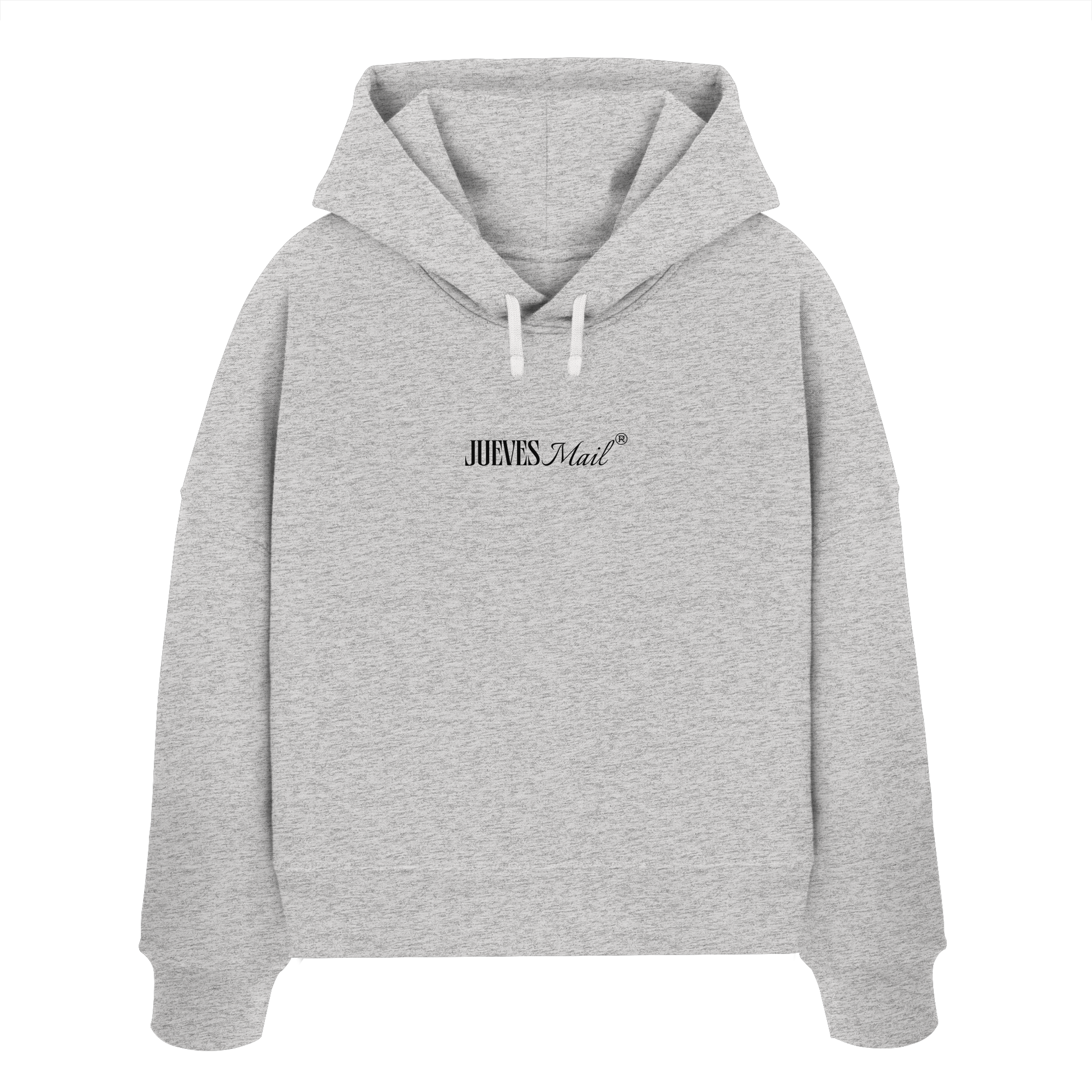 Damen Boxcut Hoodie „Mail“ in Heather Grey von Jueves Apparel aus 100% Baumwolle – auffälliger Brustdruck als Schriftzug, moderner Urban Streetwear-Look.