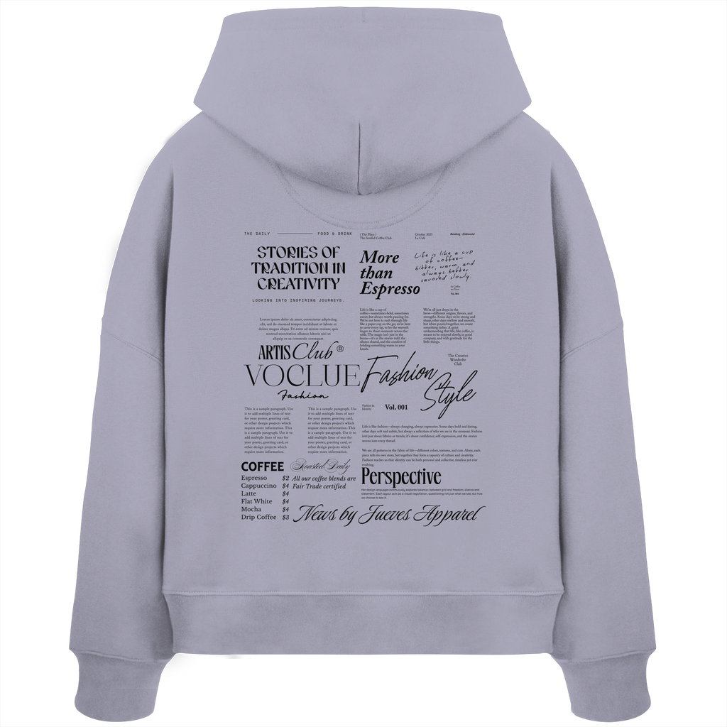 Damen Boxcut Hoodie „Mail“ in Lavender von Jueves Apparel aus 100% Baumwolle – auffälliger Rückendruck Zeitungsdesign, moderner Urban Streetwear-Look.