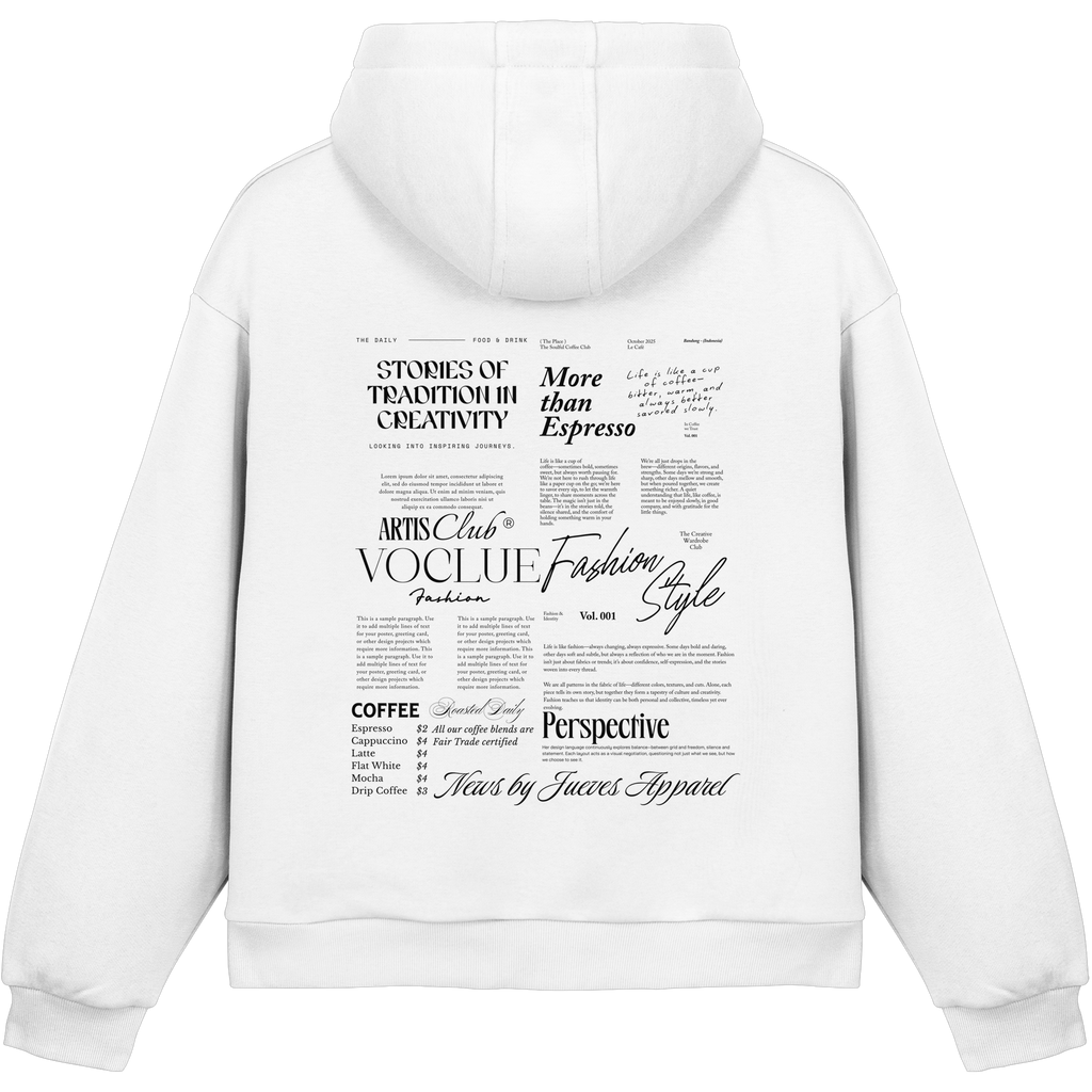 Fluffy Boxcut Hoodie „Mail“ in White von Jueves Apparel aus 70% Baumwolle und 30% Polyester – auffälliger Rückendruck Zeitungsdesign, moderner Urban Streetwear-Look.