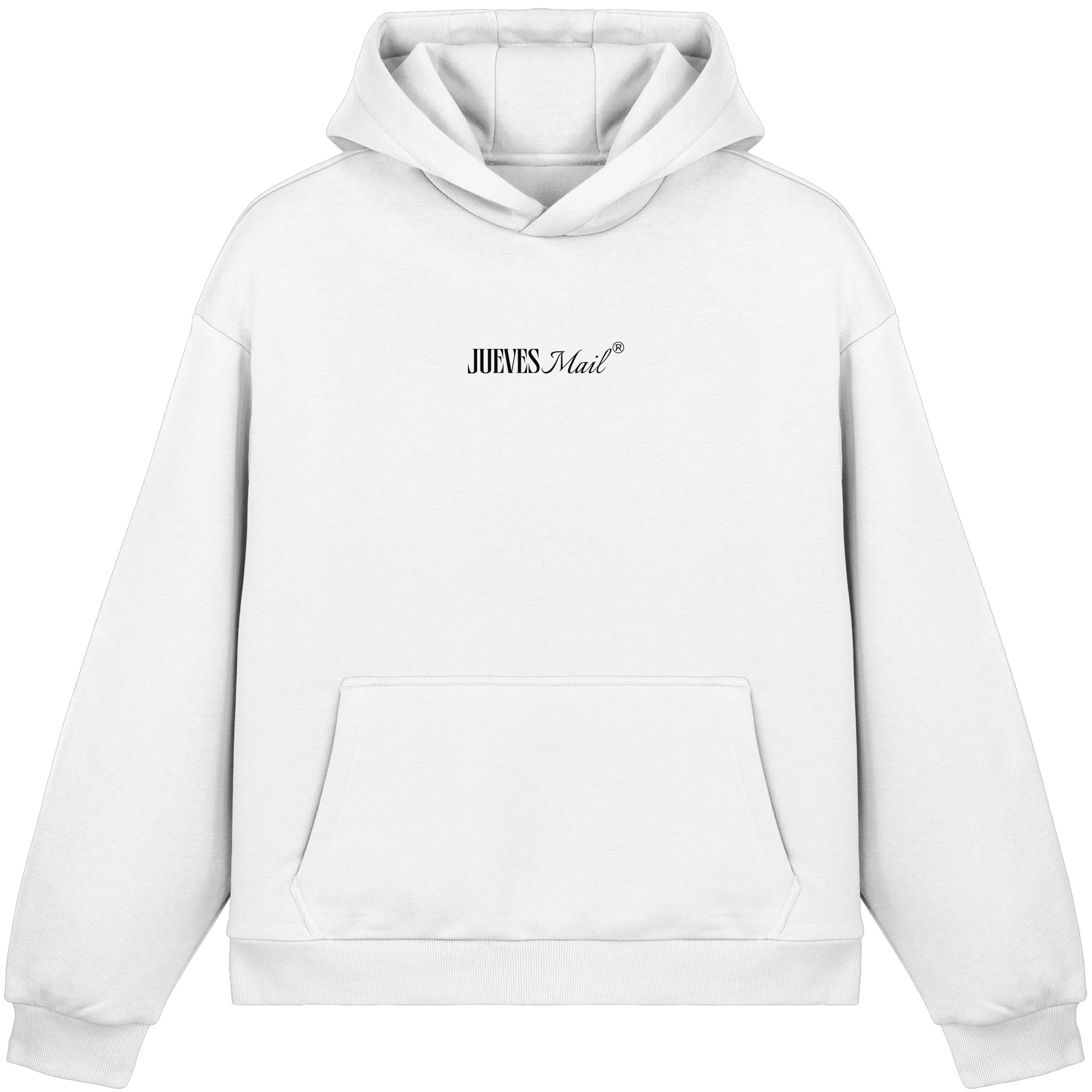 Fluffy Boxcut Hoodie „Mail“ in White von Jueves Apparel aus 70% Baumwolle und 30% Polyester – auffälliger Brustdruck Schriftzug, moderner Urban Streetwear-Look.