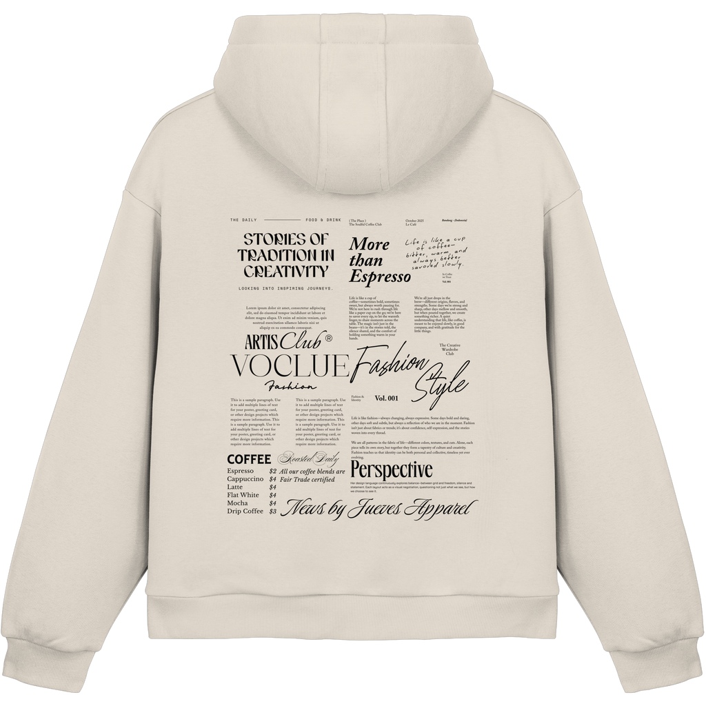 Fluffy Boxcut Hoodie „Mail“ in White Sand von Jueves Apparel aus 70% Baumwolle und 30% Polyester – auffälliger Rückendruck Zeitungsdesign, moderner Urban Streetwear-Look.