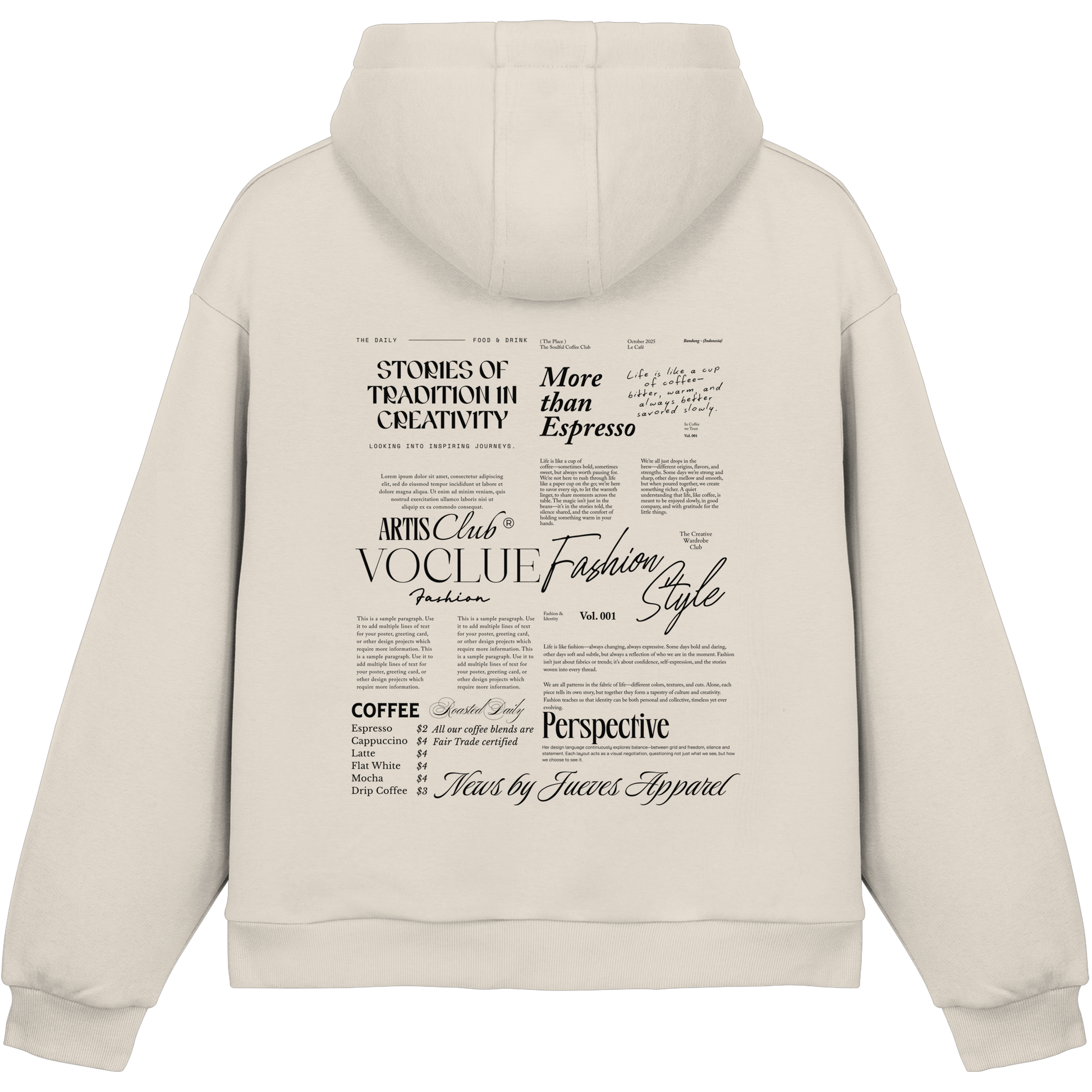 Fluffy Boxcut Hoodie „Mail“ in White Sand von Jueves Apparel aus 70% Baumwolle und 30% Polyester – auffälliger Rückendruck Zeitungsdesign, moderner Urban Streetwear-Look.