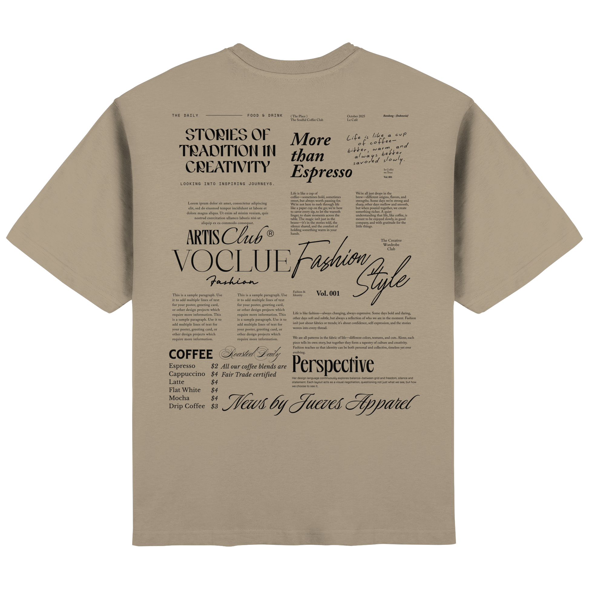 Streetwear Oversized T-Shirt „Mail“ in Mastic von Jueves Apparel aus 100 % Baumwolle – auffälliger Rückendruck Zeitungdesign, moderner Urban Streetstyle-Look.