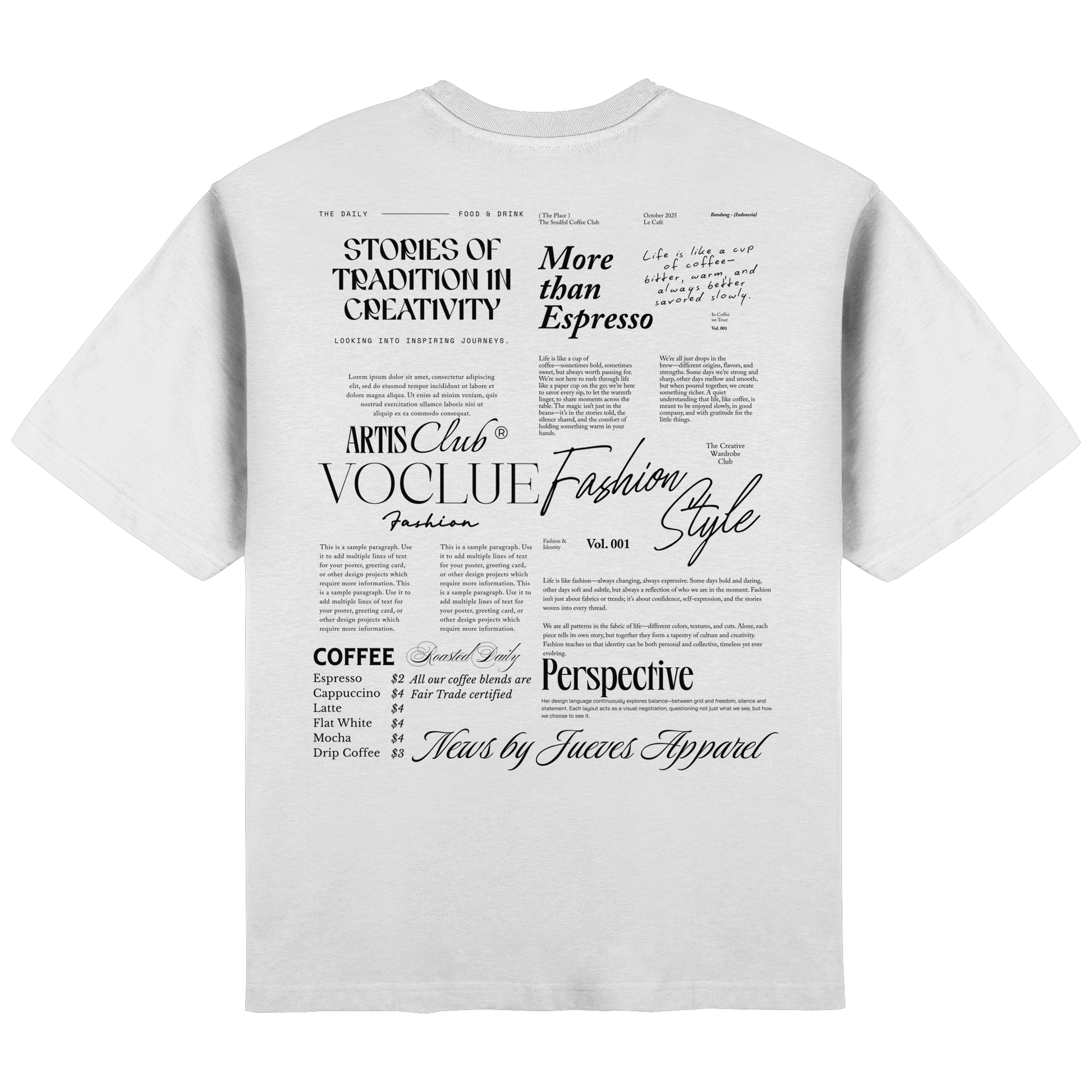 Streetwear Oversized T-Shirt „Mail“ in White von Jueves Apparel aus 100 % Baumwolle – auffälliger Rückendruck Zeitungdesign, moderner Urban Streetstyle-Look.