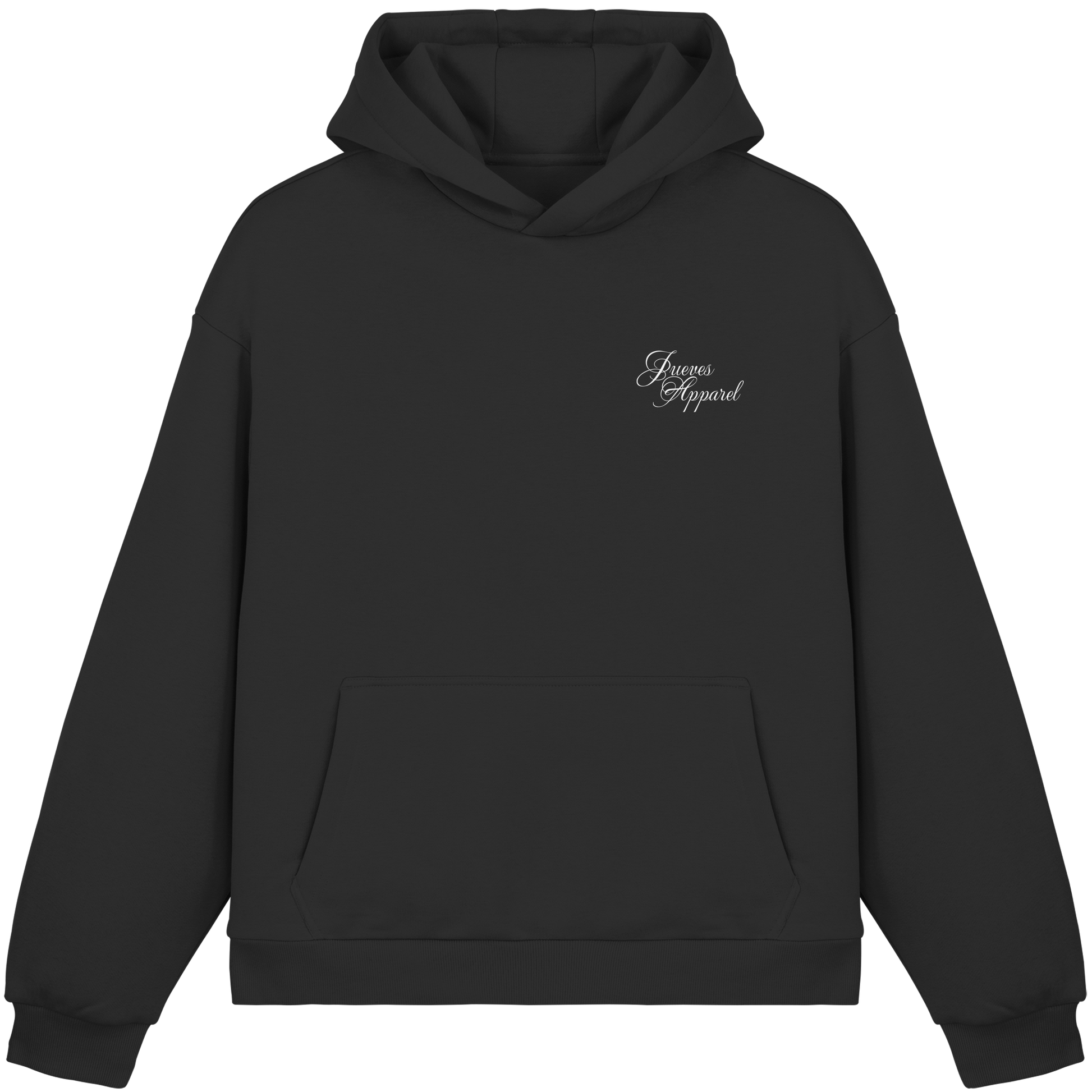 Fluffy Boxcut Hoodie „New York“ in Black von Jueves Apparel aus 70% Baumwolle und 30% Polyester – auffälliger Brustdruck als Schriftzug, moderner Urban Streetwear-Look.