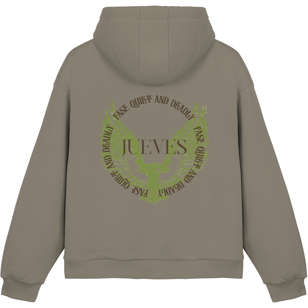 olive Jueves Apparel Oversized Boxcut Hoodie mit markantem Rückendruck – urbaner Streetwear-Style aus Baumwolle