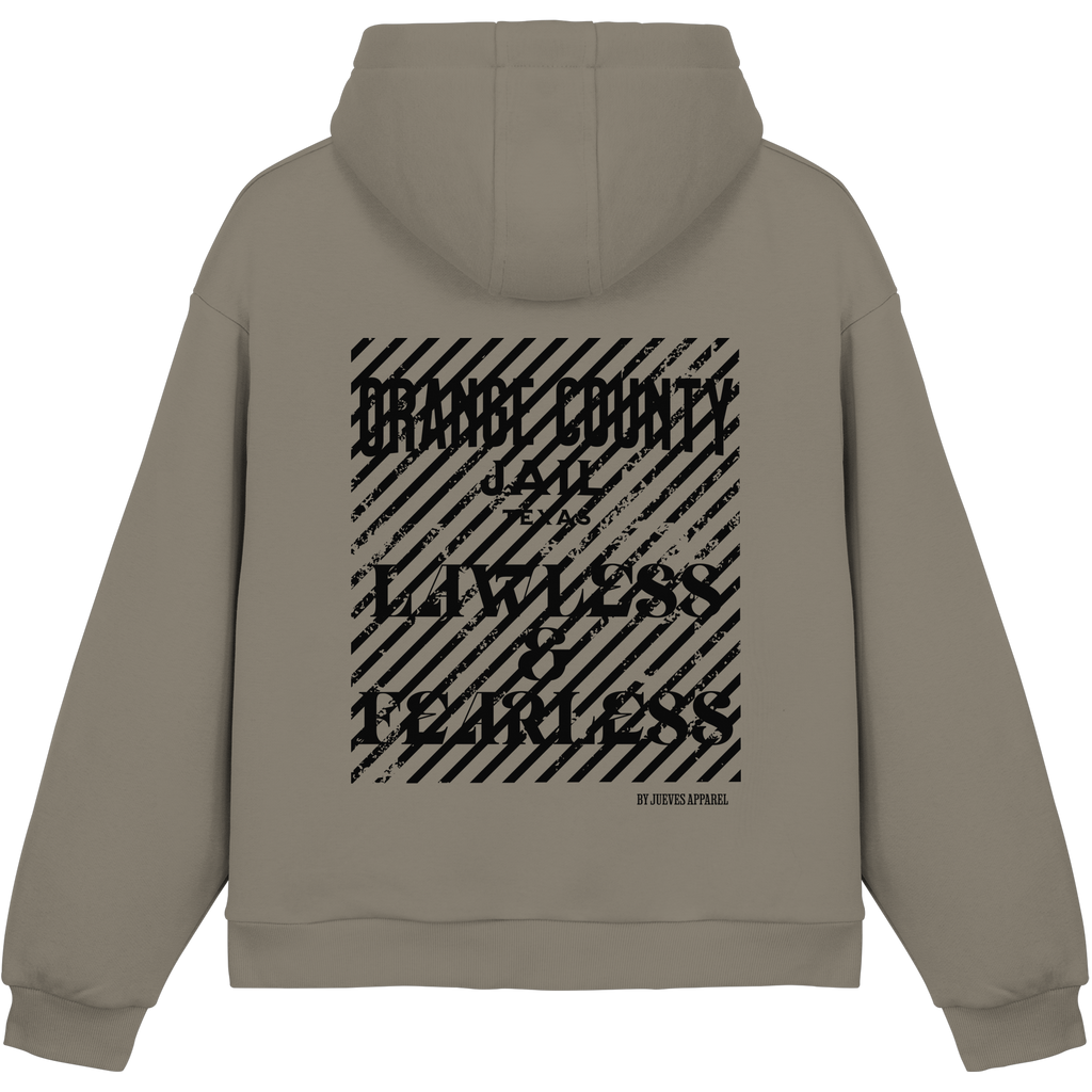 olive Jueves Apparel Oversized Boxcut Hoodie mit markantem Rückendruck – urbaner Streetwear-Style aus Baumwolle