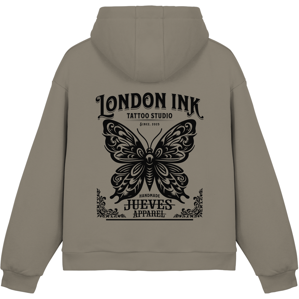 olive Jueves Apparel Oversized Boxcut Hoodie mit markantem Rückendruck – urbaner Streetwear-Style aus Baumwolle