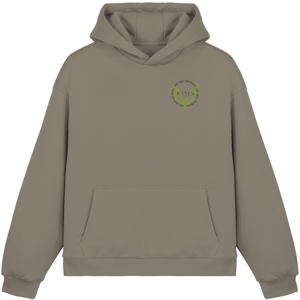 olive Oversized Boxcut Hoodie von Jueves Apparel mit Brustdruck – nachhaltige Streetwear aus 70% Baumwolle