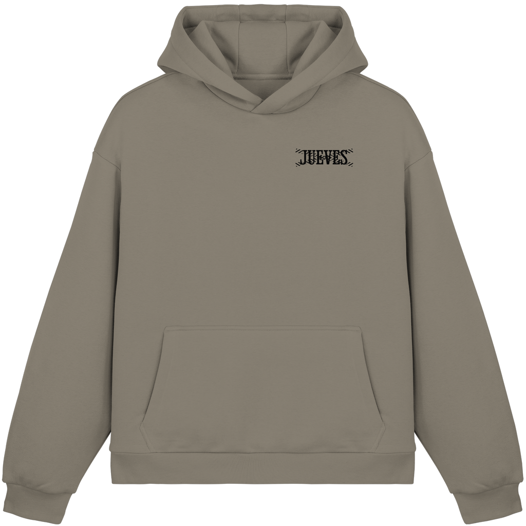 olive Oversized Boxcut Hoodie von Jueves Apparel mit Brustdruck – nachhaltige Streetwear aus 70% Baumwolle