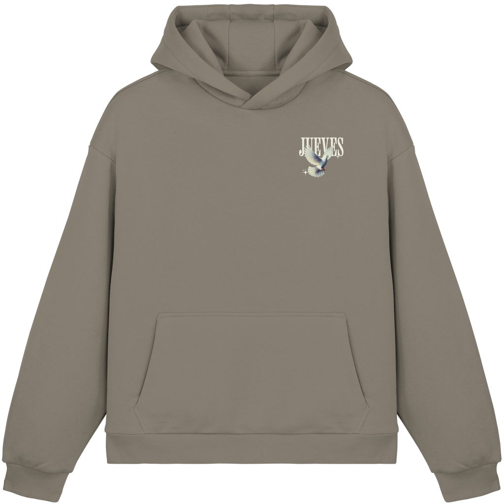 olive Oversized Boxcut Hoodie von Jueves Apparel mit Brustdruck – nachhaltige Streetwear aus 70% Baumwolle