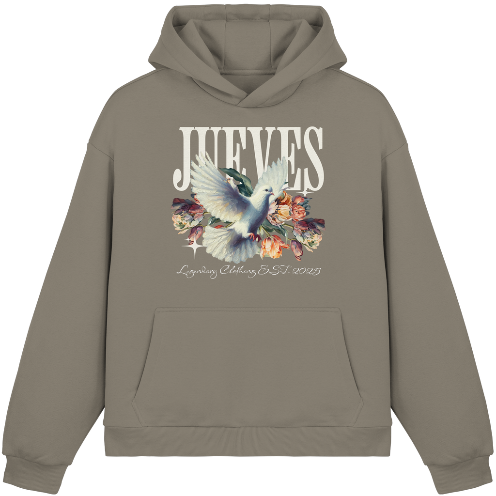 olive Oversized Boxcut Hoodie von Jueves Apparel mit Brustdruck – nachhaltige Streetwear aus 70% Baumwolle