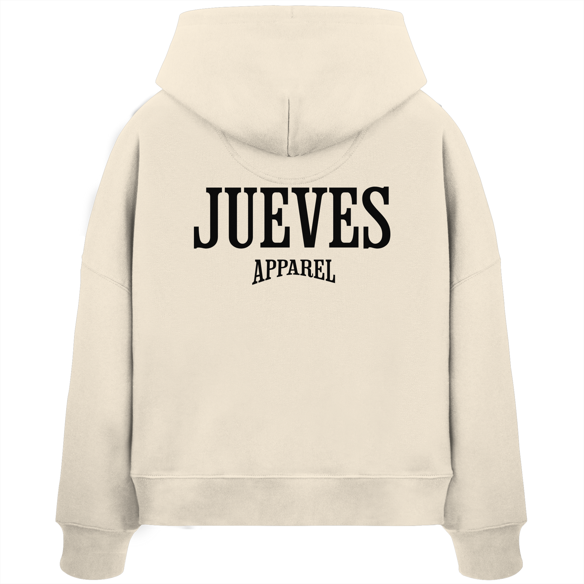 Rückansicht eines beigen Damen Oversized Boxcut Hoodies von Jueves Apparel aus 100 % Baumwolle, 300 g/m² – markanter Rückendruck und urbaner Streetwear-Look mit modernem Schnitt.