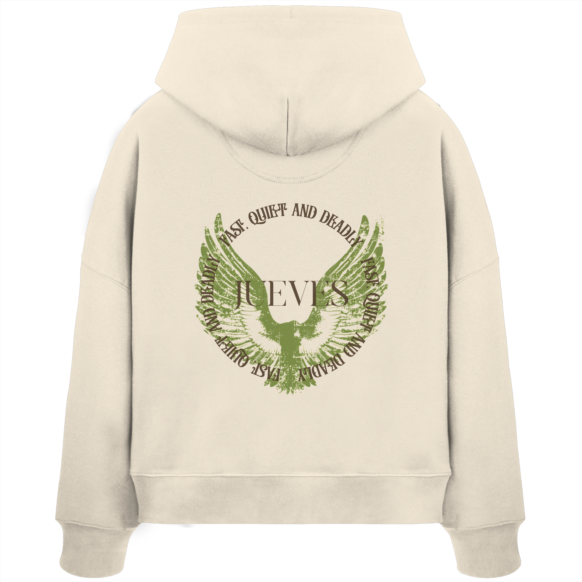 Rückansicht eines beigen Damen Oversized Boxcut Hoodies von Jueves Apparel aus 100 % Baumwolle, 300 g/m² – markanter Rückendruck und urbaner Streetwear-Look mit modernem Schnitt.
