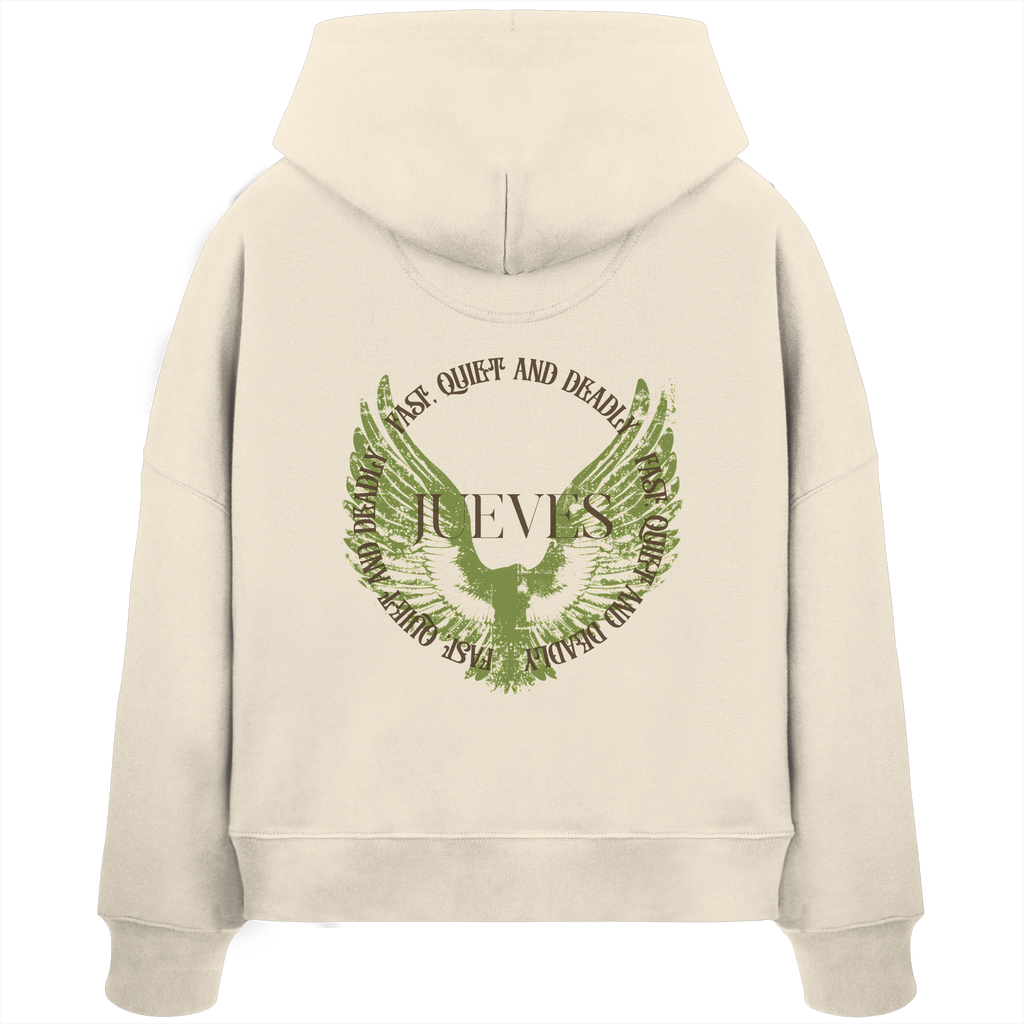Rückansicht eines beigen Damen Oversized Boxcut Hoodies von Jueves Apparel aus 100 % Baumwolle, 300 g/m² – markanter Rückendruck und urbaner Streetwear-Look mit modernem Schnitt. 