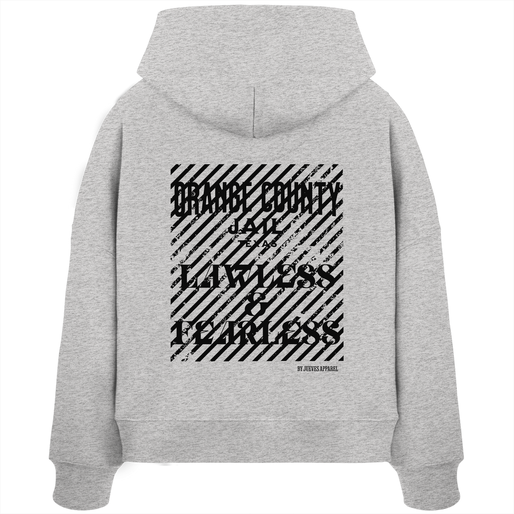 Rückansicht eines grauen Damen Oversized Boxcut Hoodies von Jueves Apparel aus 100 % Baumwolle, 300 g/m² – markanter Rückendruck und urbaner Streetwear-Look mit modernem Schnitt. 