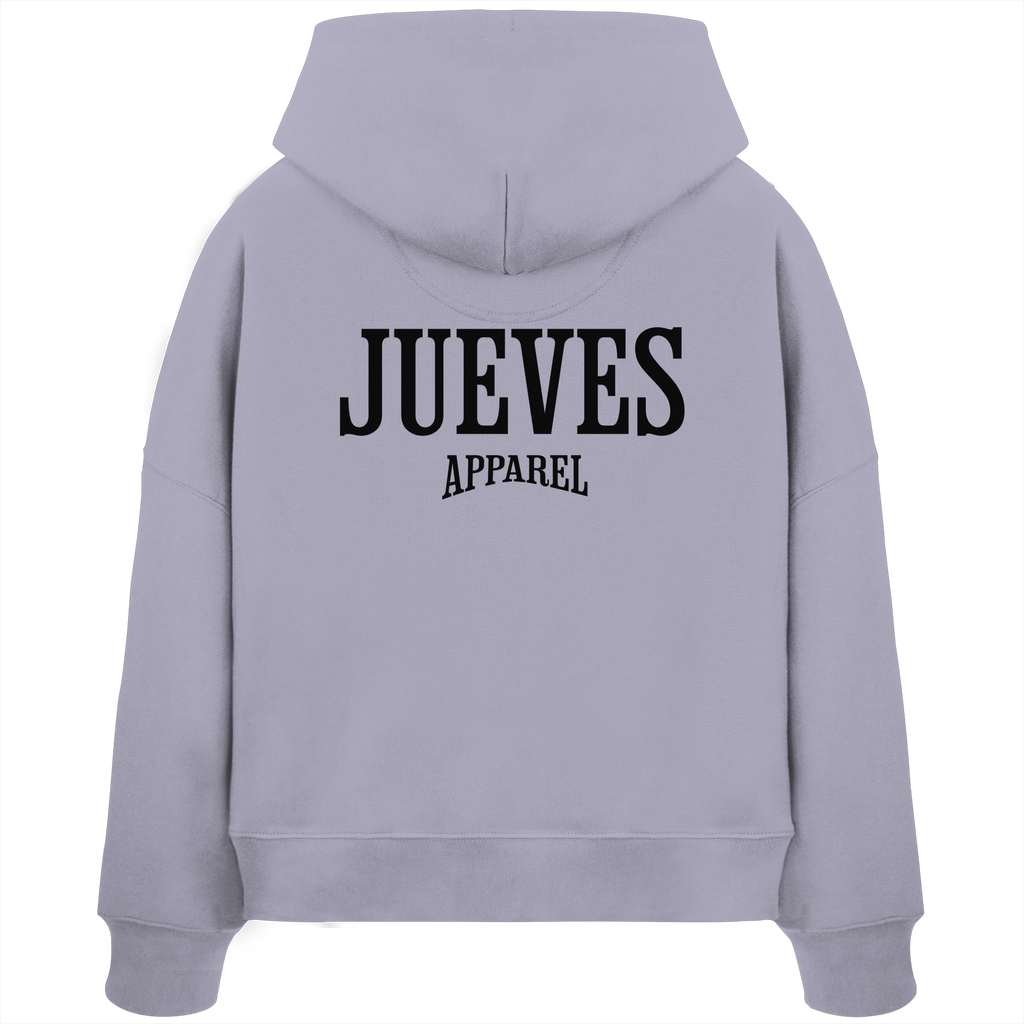 Rückansicht eines lavendel Damen Oversized Boxcut Hoodies von Jueves Apparel aus 100 % Baumwolle, 300 g/m² – markanter Rückendruck und urbaner Streetwear-Look mit modernem Schnitt. 