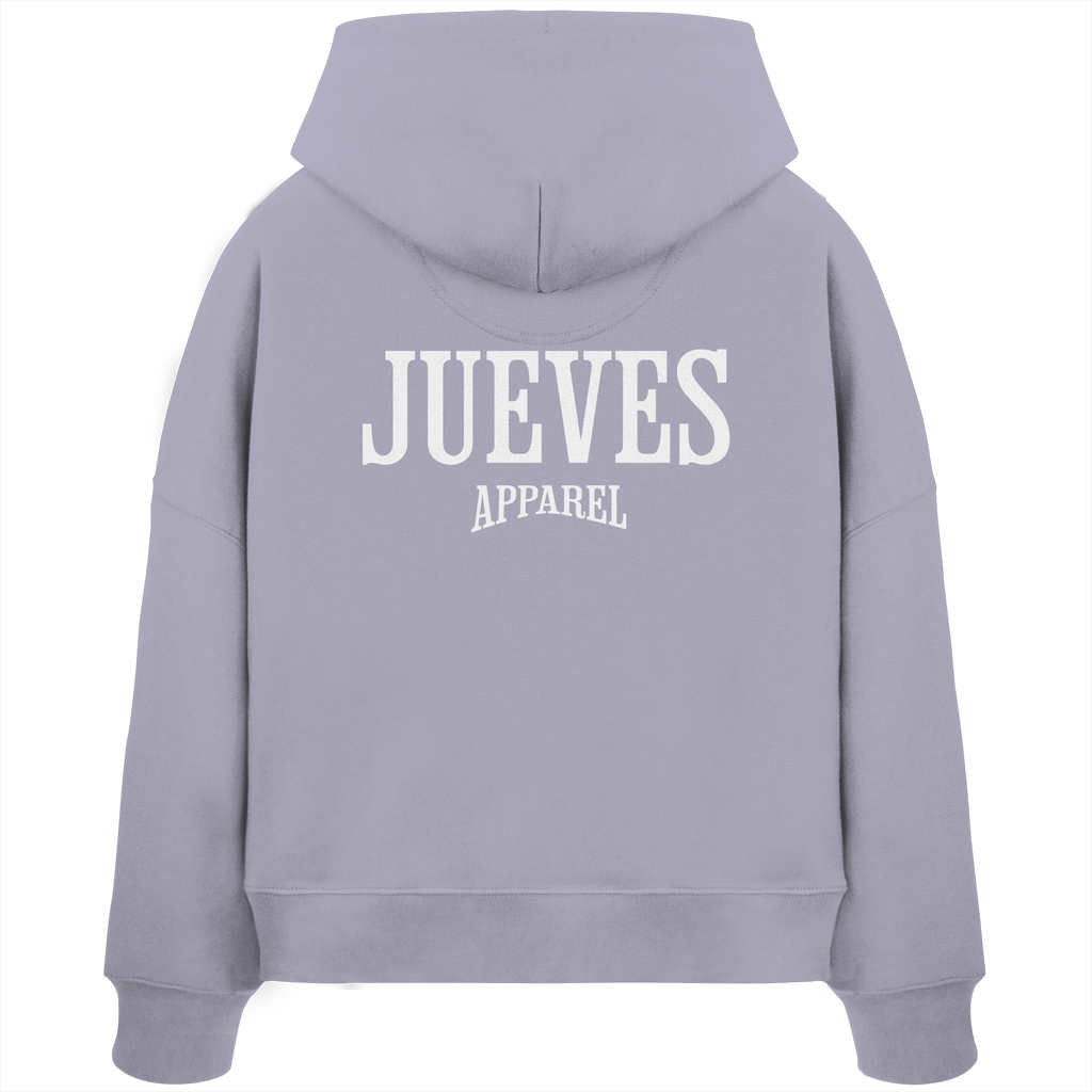 Rückansicht eines lavendel Damen Oversized Boxcut Hoodies von Jueves Apparel aus 100 % Baumwolle, 300 g/m² – markanter Rückendruck und urbaner Streetwear-Look mit modernem Schnitt. 