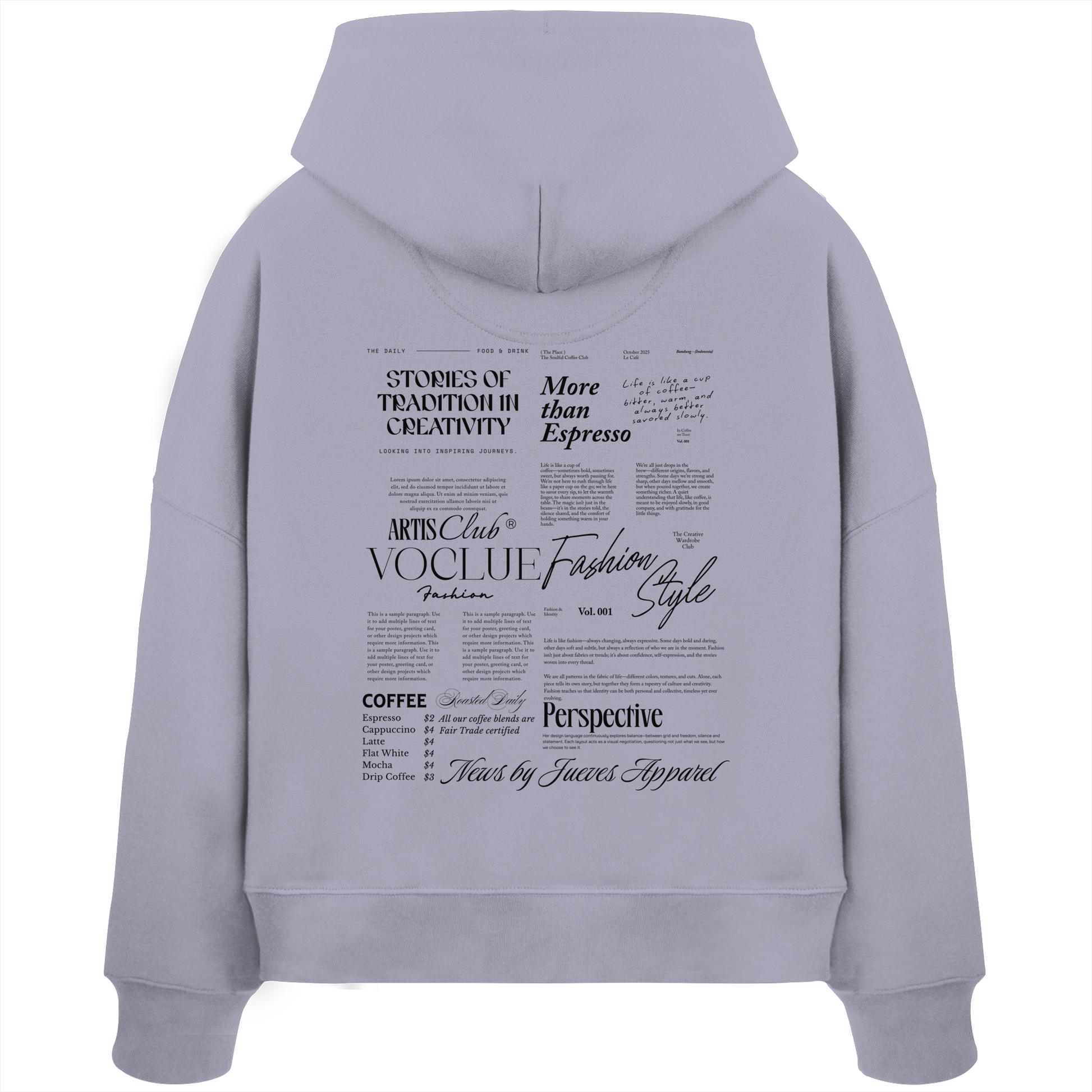 Rückansicht eines lavendel Damen Oversized Boxcut Hoodies von Jueves Apparel aus 100 % Baumwolle, 300 g/m² – markanter Rückendruck und urbaner Streetwear-Look mit modernem Schnitt.