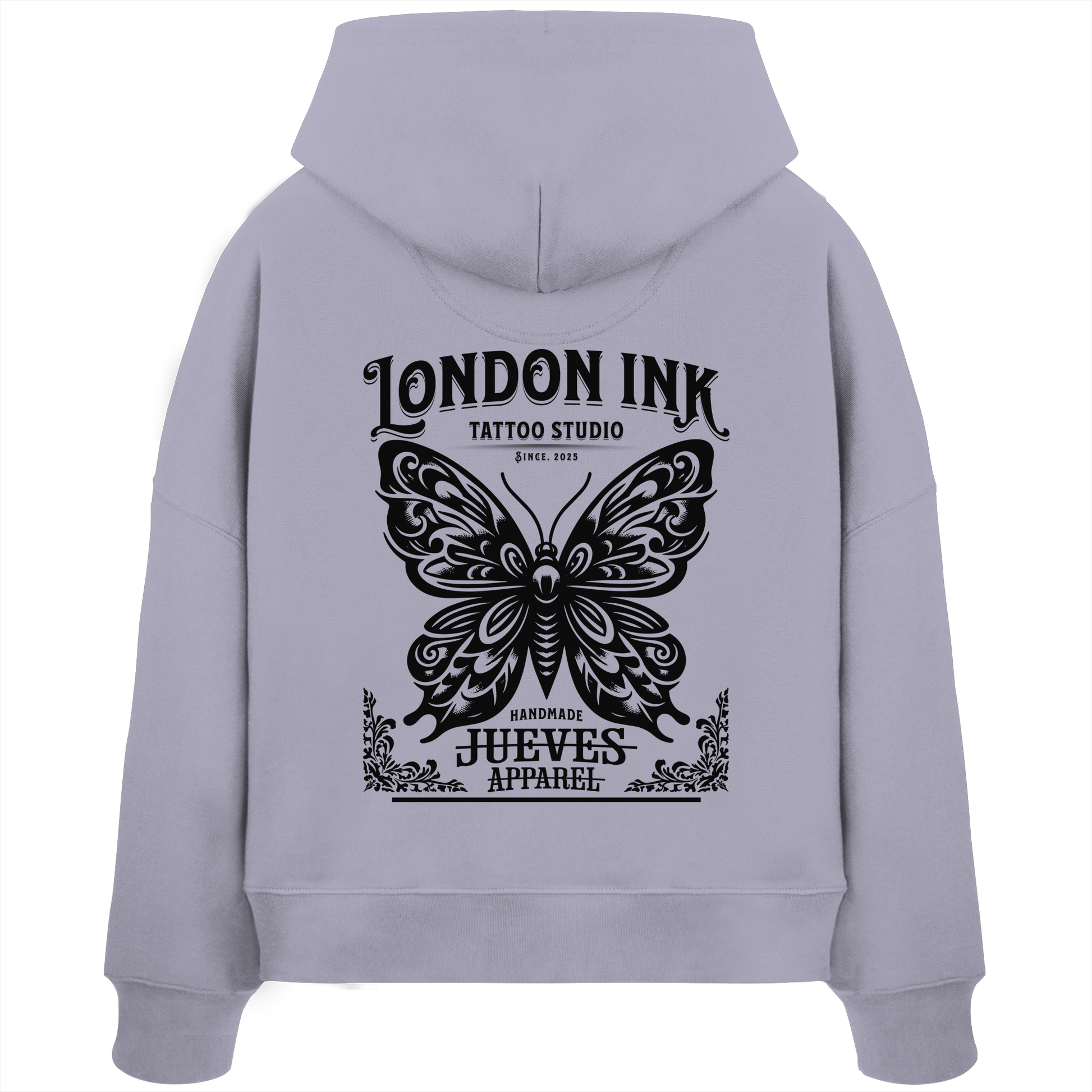 Rückansicht eines lavendel Damen Oversized Boxcut Hoodies von Jueves Apparel aus 100 % Baumwolle, 300 g/m² – markanter Rückendruck und urbaner Streetwear-Look mit modernem Schnitt.