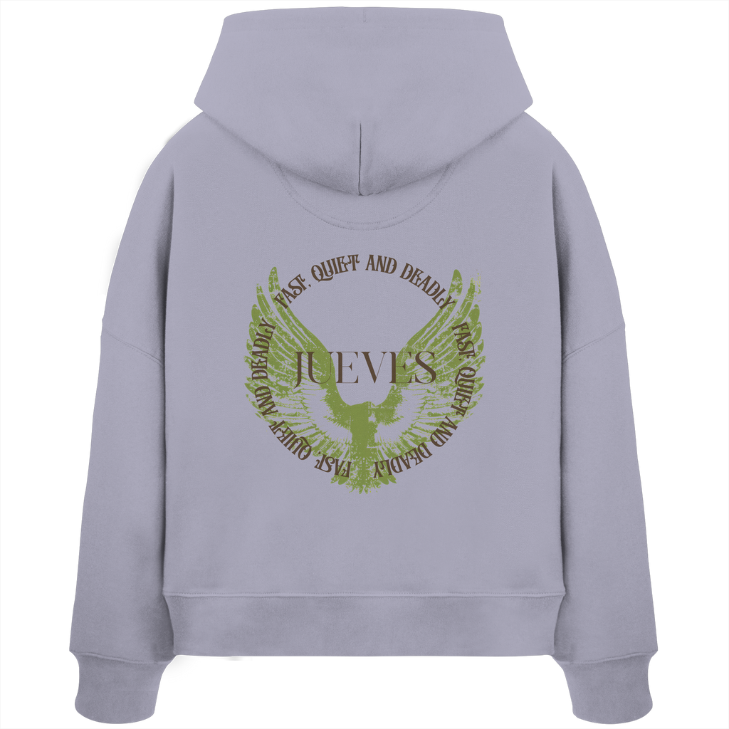Rückansicht eines lavendel Damen Oversized Boxcut Hoodies von Jueves Apparel aus 100 % Baumwolle, 300 g/m² – markanter Rückendruck und urbaner Streetwear-Look mit modernem Schnitt. 