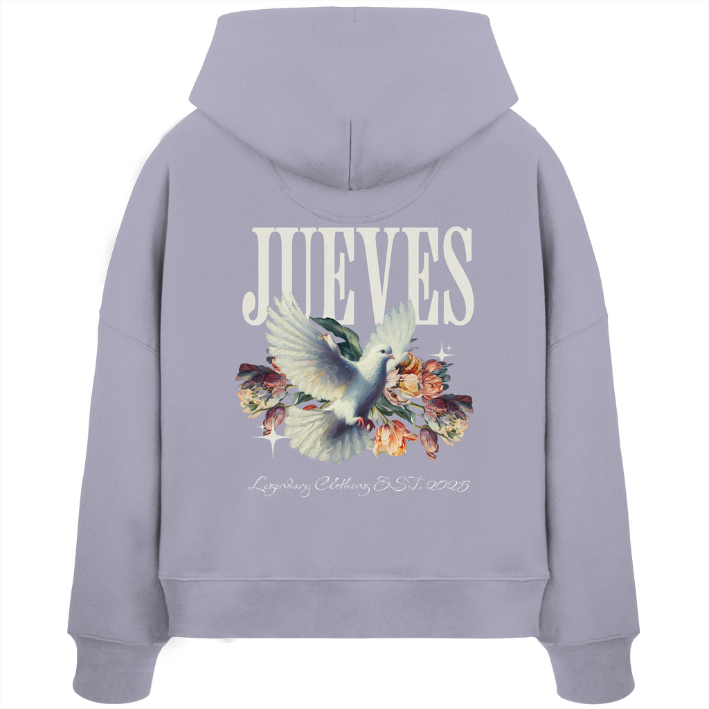 Rückansicht eines lavendel Damen Oversized Boxcut Hoodies von Jueves Apparel aus 100 % Baumwolle, 300 g/m² – markanter Rückendruck und urbaner Streetwear-Look mit modernem Schnitt. 