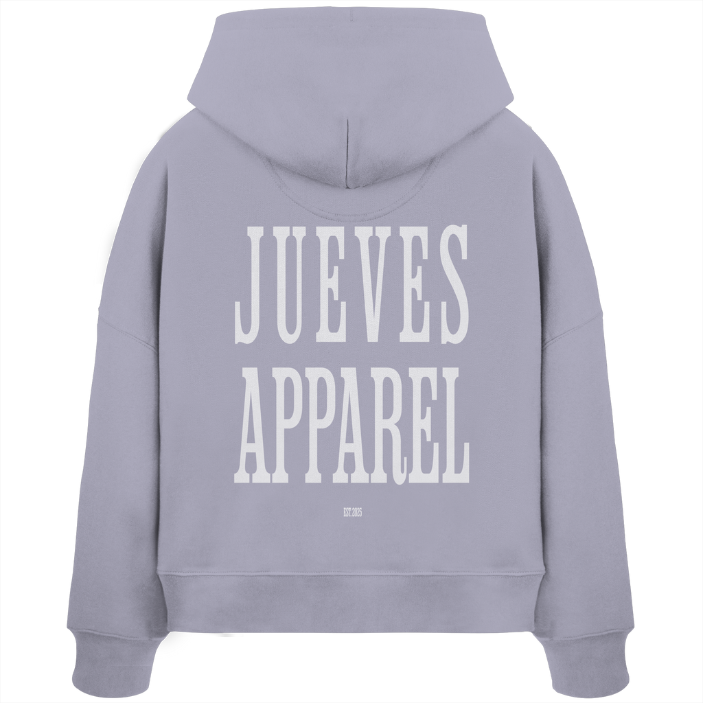 Rückansicht eines lavendel Damen Oversized Boxcut Hoodies von Jueves Apparel aus 100 % Baumwolle, 300 g/m² – markanter Rückendruck und urbaner Streetwear-Look mit modernem Schnitt. 