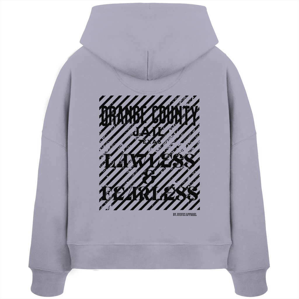 Rückansicht eines lavendel Damen Oversized Boxcut Hoodies von Jueves Apparel aus 100 % Baumwolle, 300 g/m² – markanter Rückendruck und urbaner Streetwear-Look mit modernem Schnitt. 