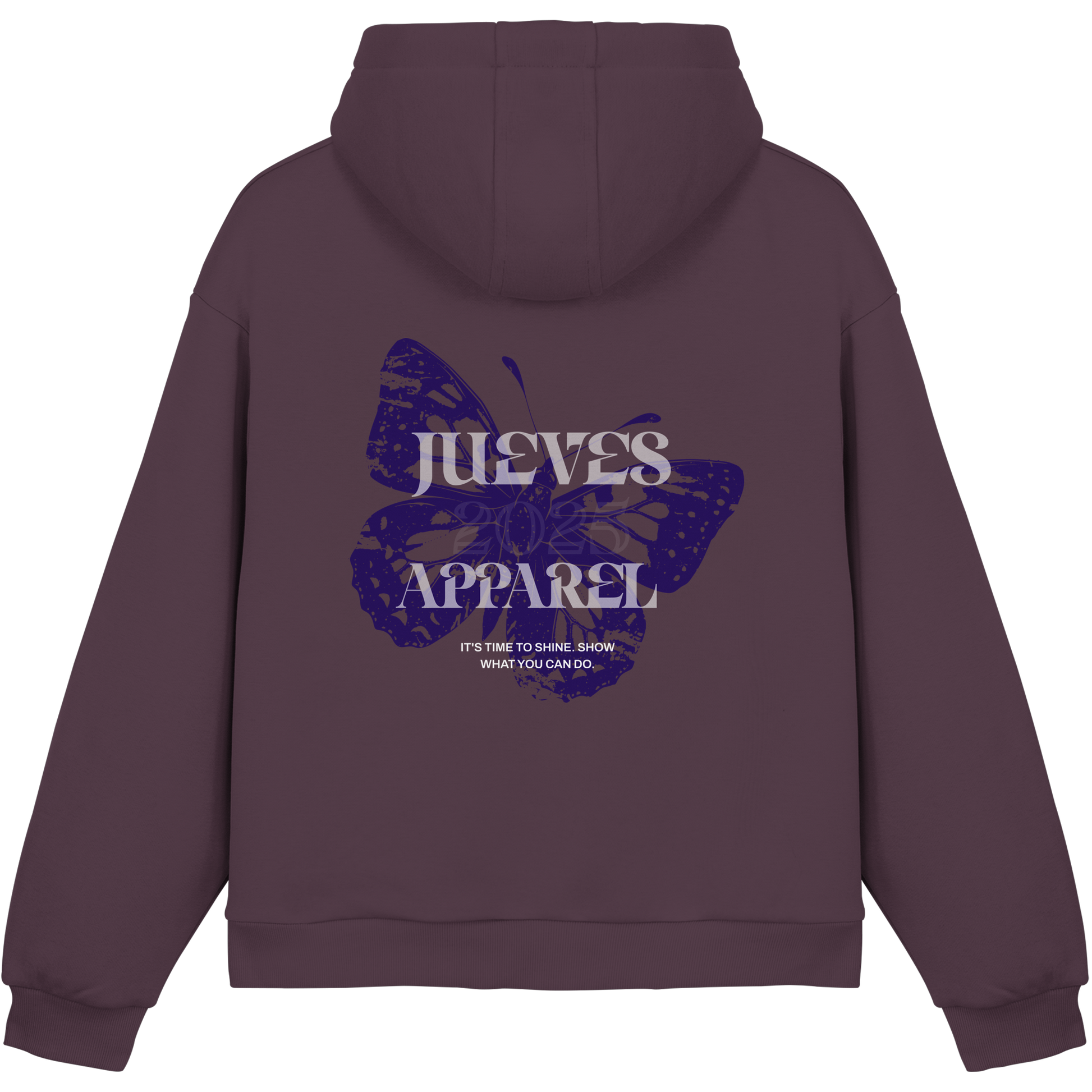 Purple Jueves Apparel Oversized Boxcut Hoodie mit markantem Rückendruck – urbaner Streetwear-Style aus Baumwolle