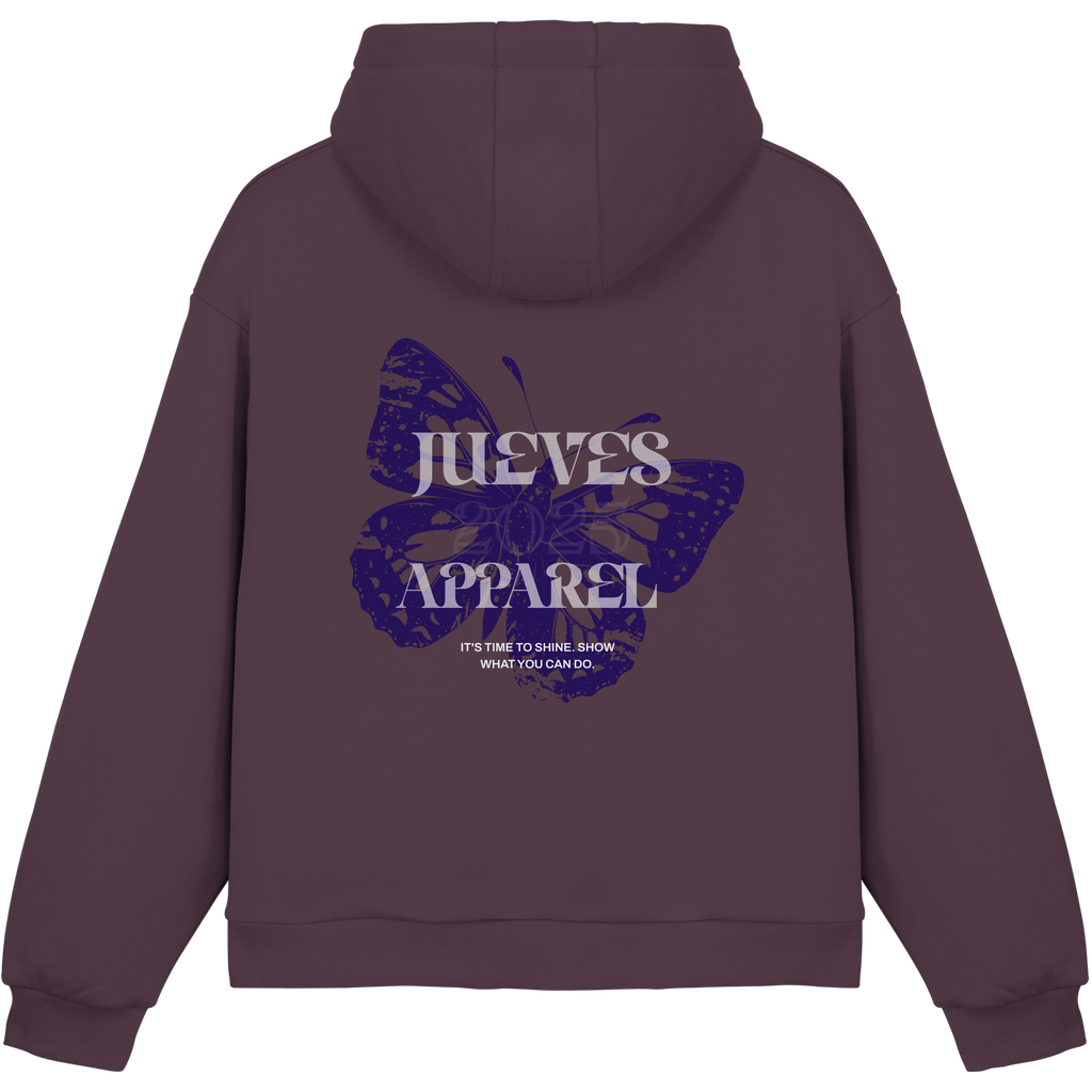 Purple Jueves Apparel Oversized Boxcut Hoodie mit markantem Rückendruck – urbaner Streetwear-Style aus Baumwolle