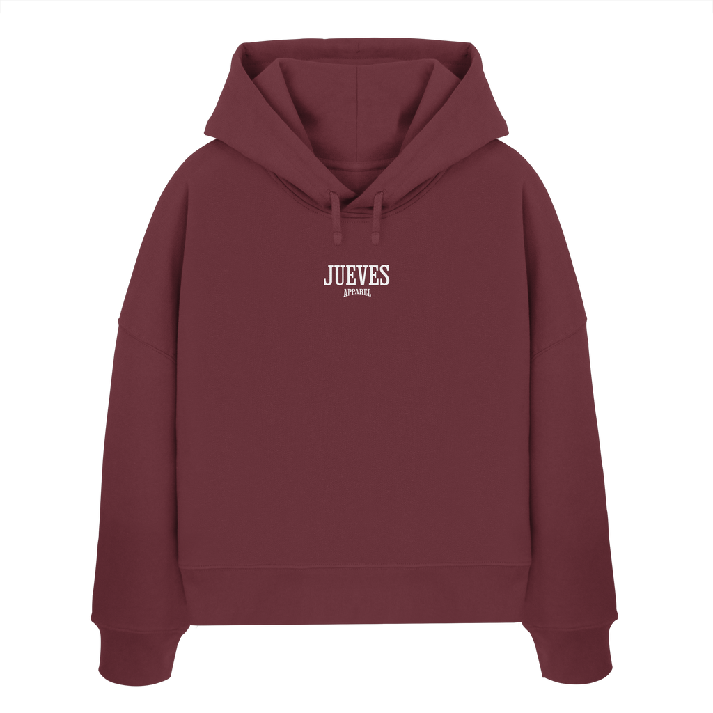 Frontansicht des roten Damen oversized Boxcut Hoodies von Jueves Apparel mit oversized Schnitt, Druck auf der Brust– Streetwear aus 100 % Bio-Baumwolle, 300 g/m² Stoffgewicht. 