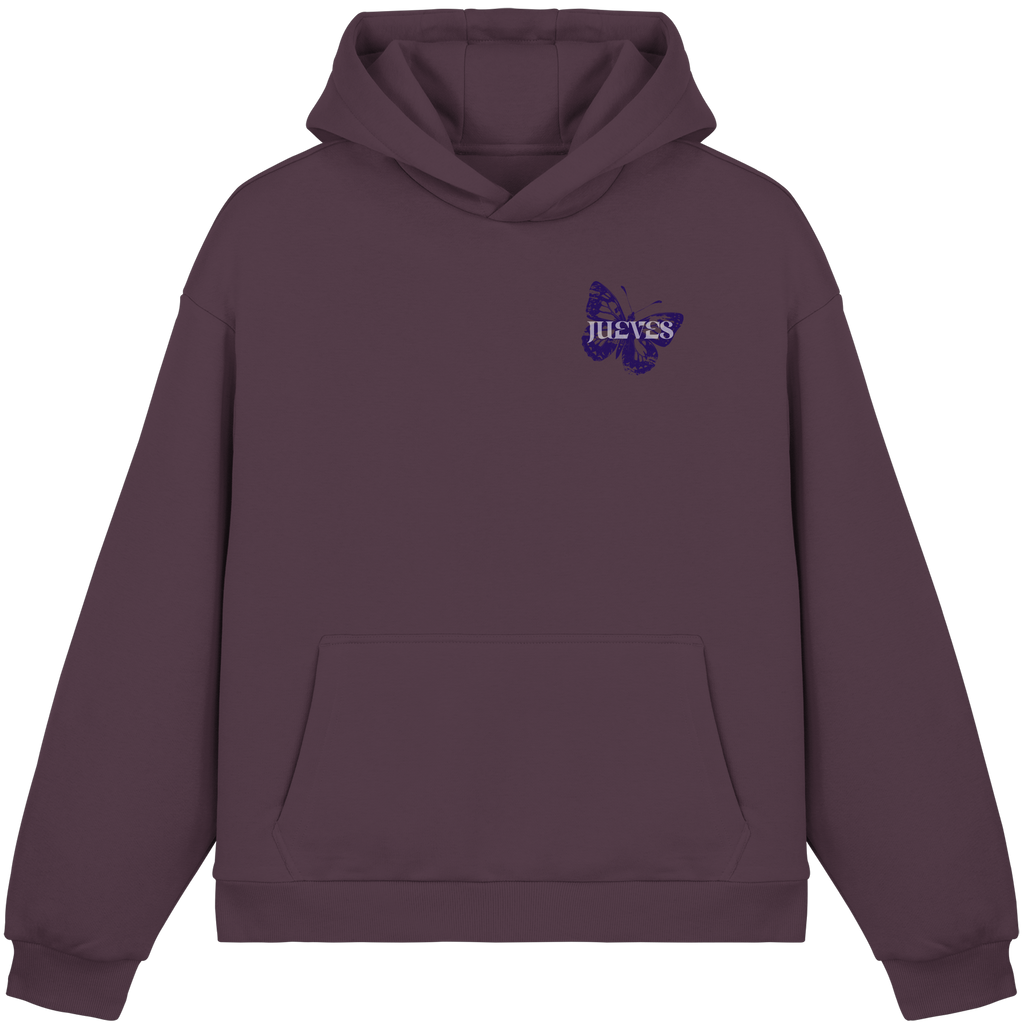 roter Oversized Boxcut Hoodie von Jueves Apparel mit Brustdruck – nachhaltige Streetwear aus 70% Baumwolle