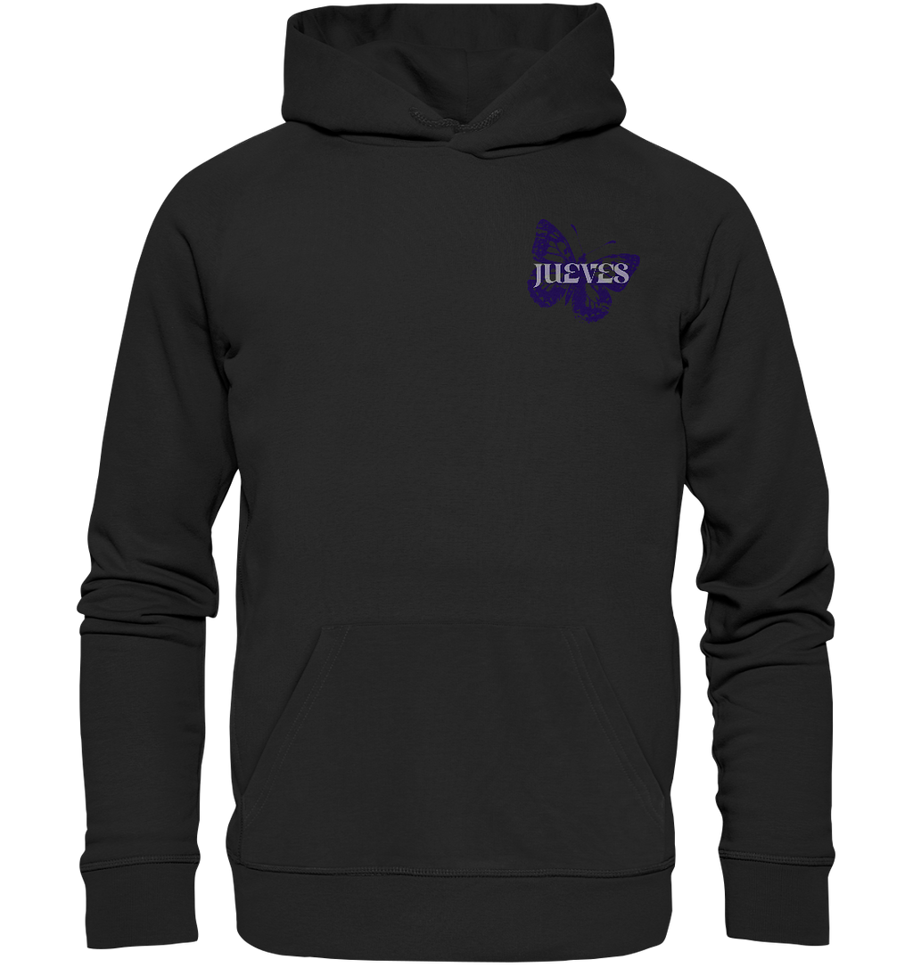 Schwarzer Classic Hoodie von Jueves Apparel mit kleinem Brustdruck im klassischen Schnitt – nachhaltiger Streetwear-Look aus 100 % Bio-Baumwolle