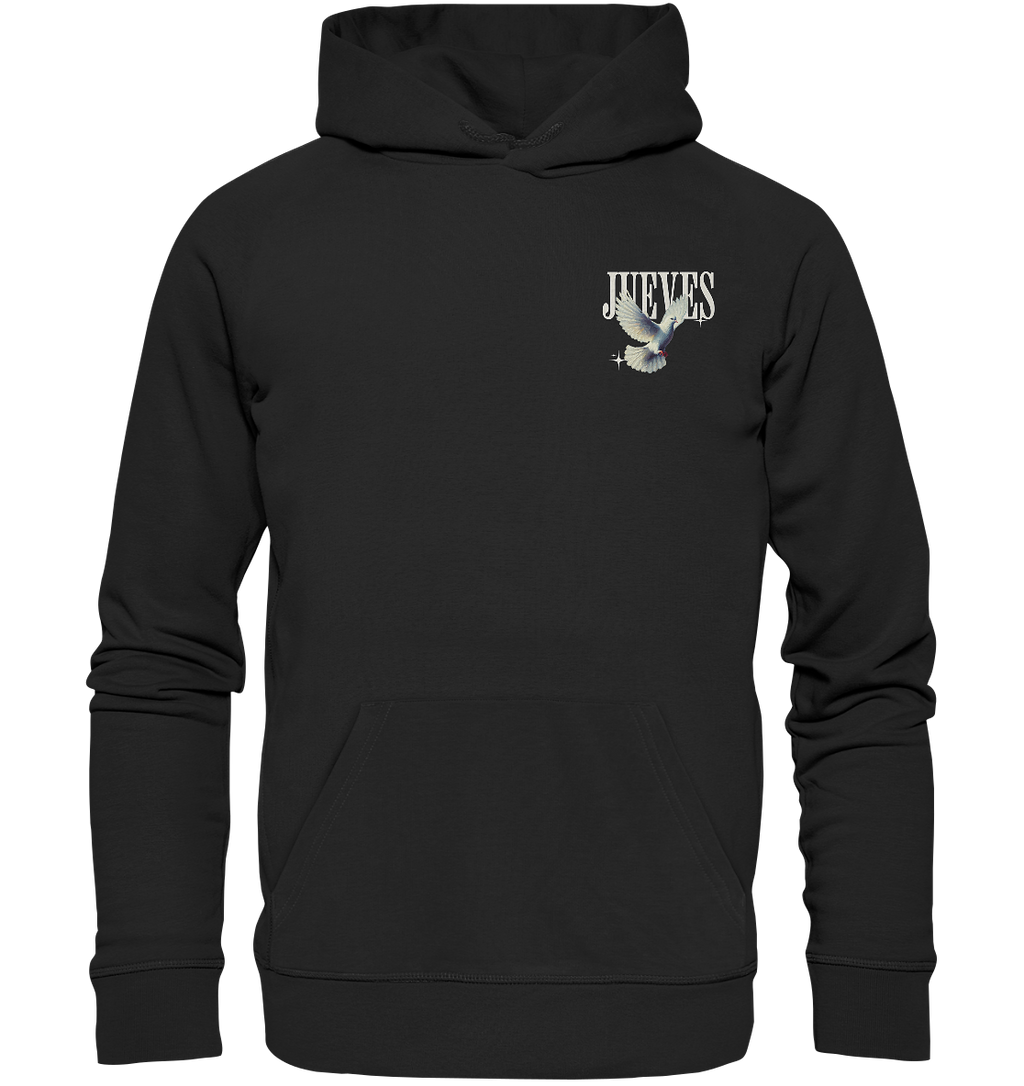 Schwarzer Classic Hoodie von Jueves Apparel mit kleinem Brustdruck im klassischen Schnitt – nachhaltiger Streetwear-Look aus 100 % Bio-Baumwolle
