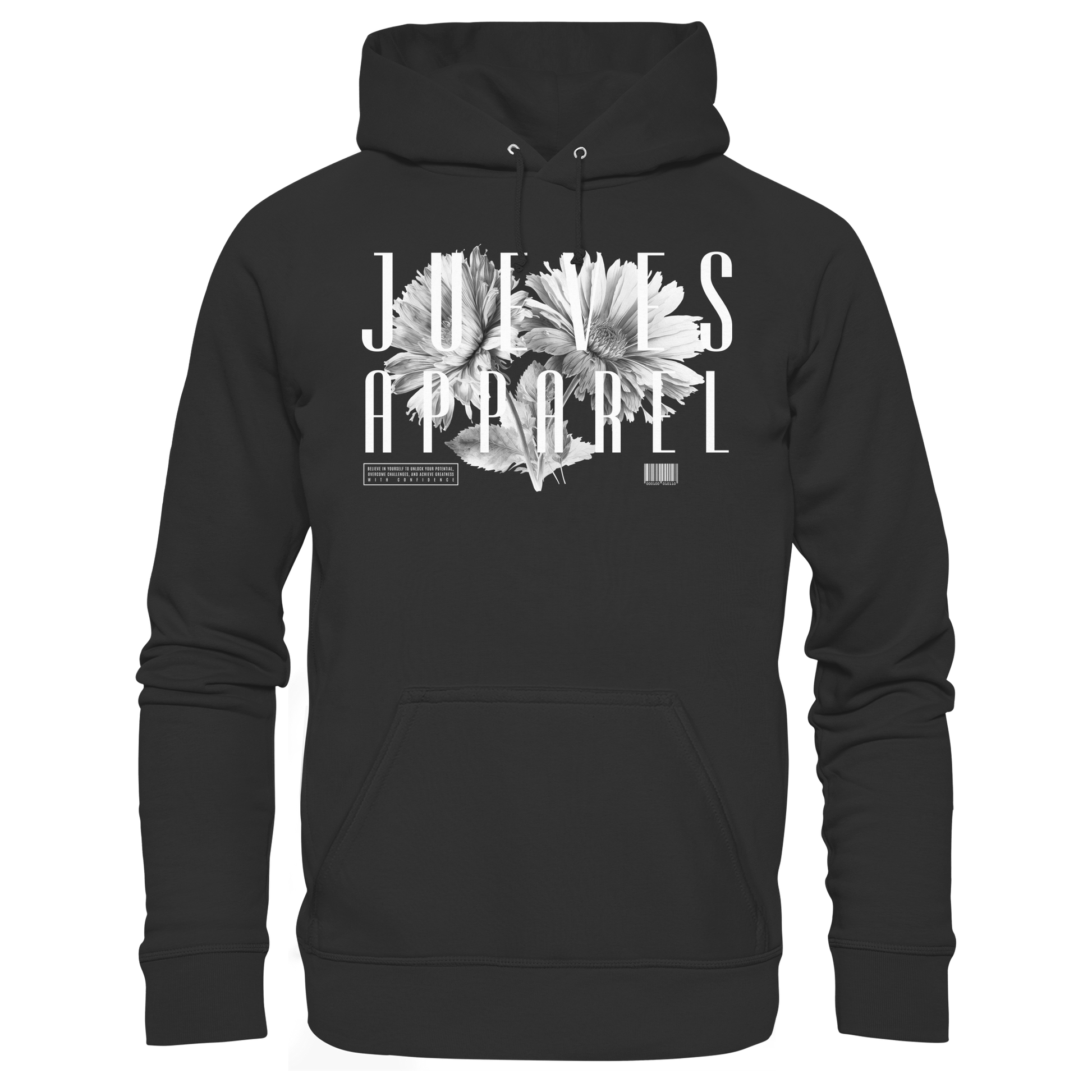 schwarzer Classic Hoodie von Jueves Apparel mit Brustdruck im klassischen Schnitt – nachhaltiger Streetwear-Look aus 100 % Bio-Baumwolle