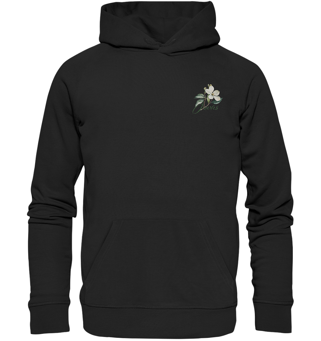 schwarzer Classic Hoodie von Jueves Apparel mit kleinem Brustdruck im klassischen Schnitt – nachhaltiger Streetwear-Look aus 100 % Bio-Baumwolle