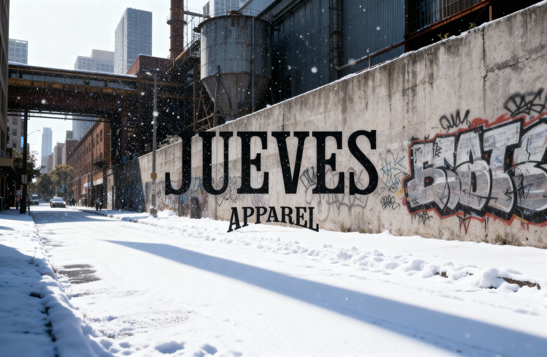 Eine Straße in der Stadt die Schneebedeckt ist. Es schneit. In der Mitte ist das Logo von Jueves Apparel. Streetwear und moderne Styles.