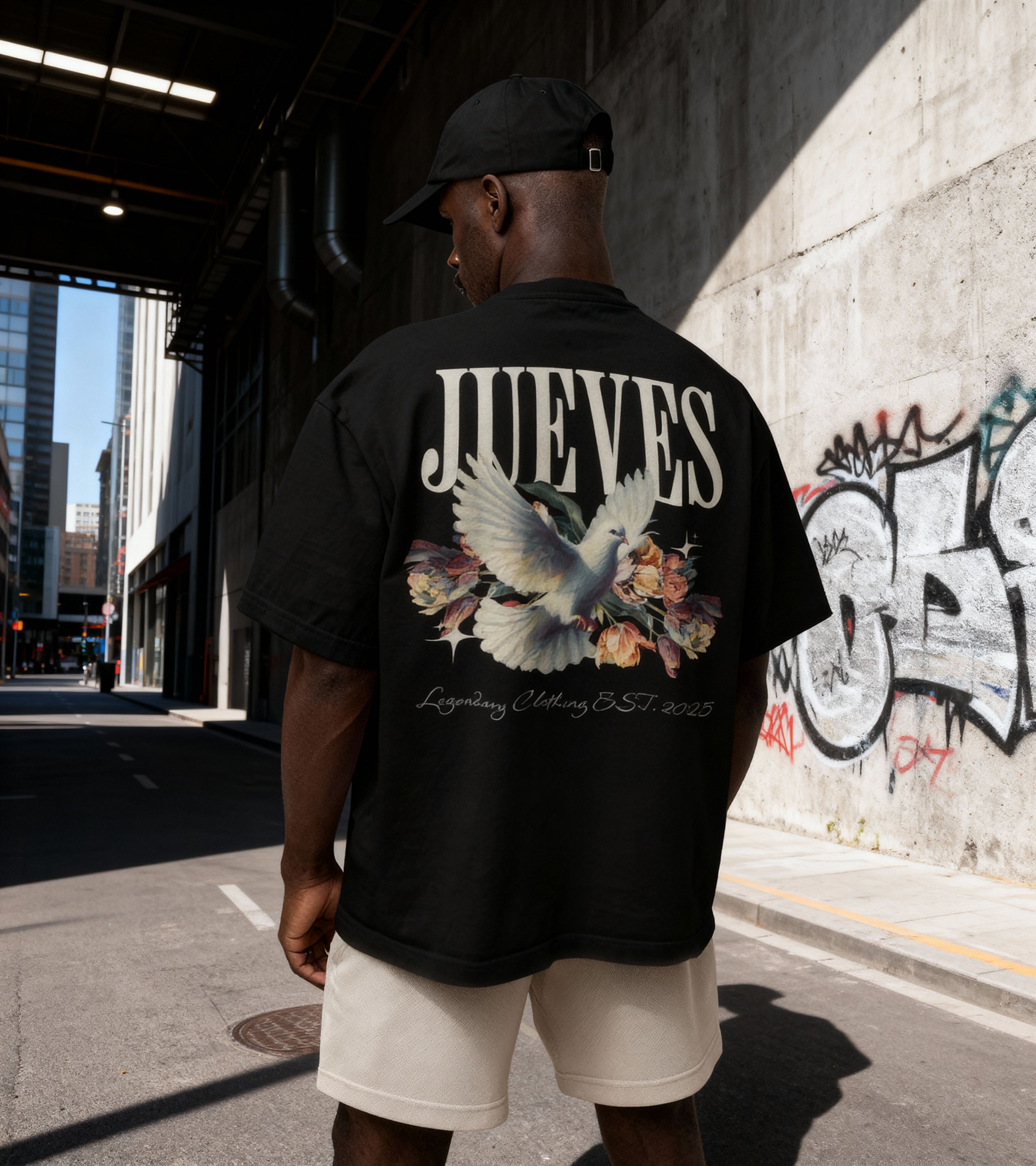 Mann trägt ein schwarzes, Streetwear Oversized T-Shirt aus 100 % Baumwolle mit großem Dove Back Design auf dem Rücken – moderner Urban Style von Jueves Apparel.