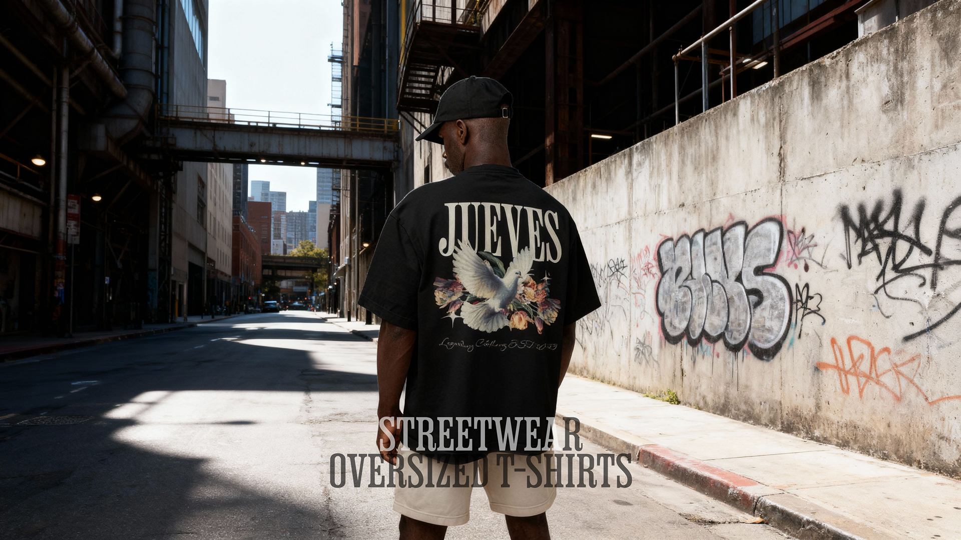 Mann steht auf der Straße und trägt das Streetwear Oversized T-Shirt mit dem "Dove back" Design auf dem Rücken in Black. Das T-Shirt besteht auf 100% Baumwolle. Moderner Urban Style von Jueves Apparel.