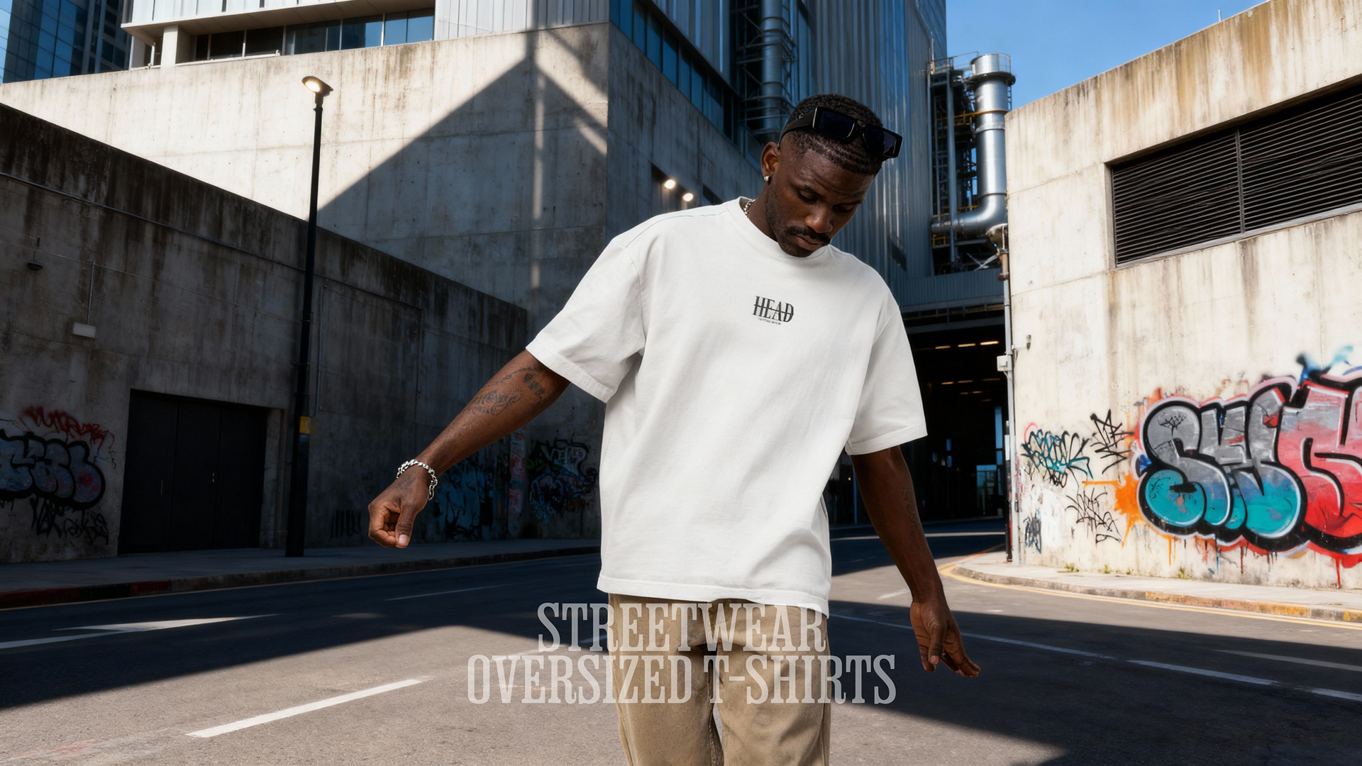 Mann steht auf der Straße und trägt das Streetwear Oversized T-Shirt mit dem "Head" Design auf der Brust in White. Das T-Shirt besteht auf 100% Baumwolle. Moderner Urban Style von Jueves Apparel.