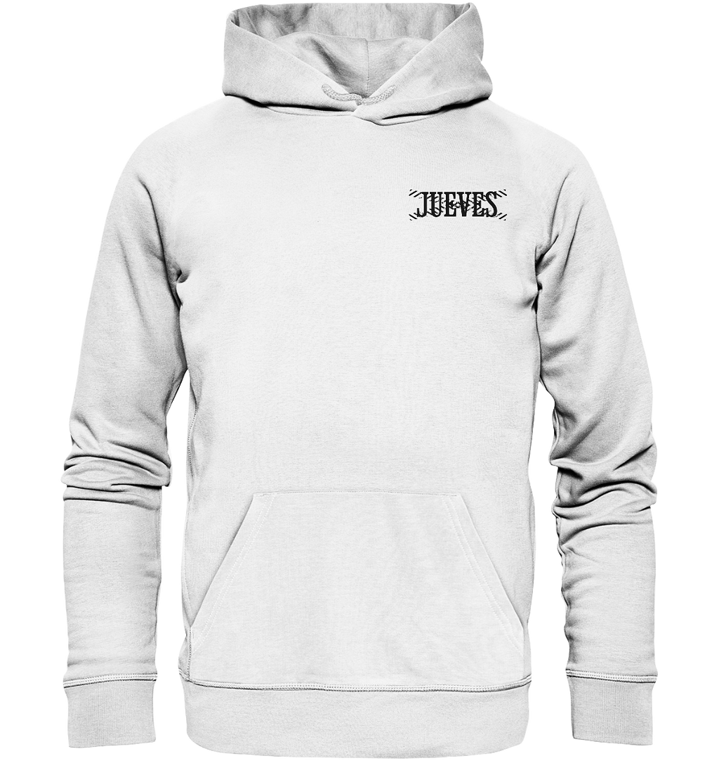 Classic Hoodie von Jueves Apparel in weiß mit kleinem Brustdruck – nachhaltiger Streetwear-Look aus 100 % Bio-Baumwolle