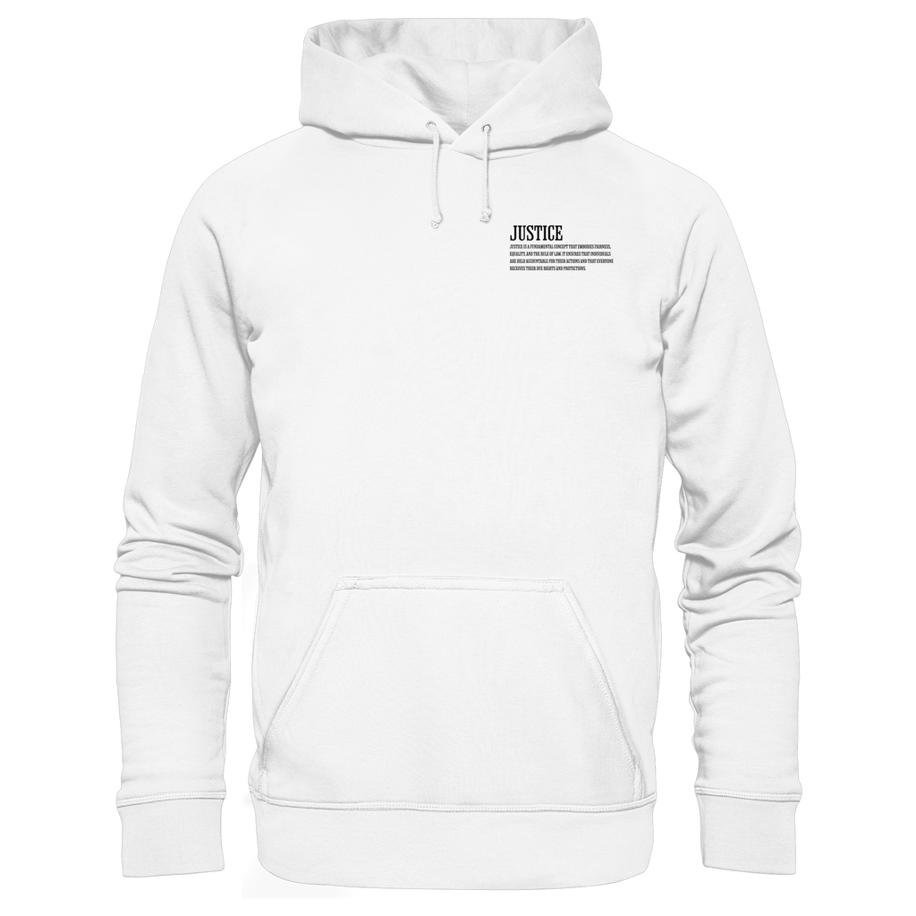 weißer Classic Hoodie von Jueves Apparel mit kleinem Brustdruck im klassischen Schnitt – nachhaltiger Streetwear-Look aus 100 % Bio-Baumwolle