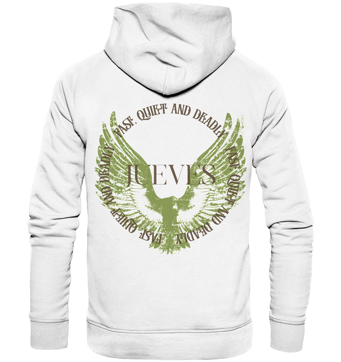 Jueves Apparel Classic Hoodie in weiß mit markantem Rückendruck – urbaner Streetwear-Style aus Bio-Baumwolle