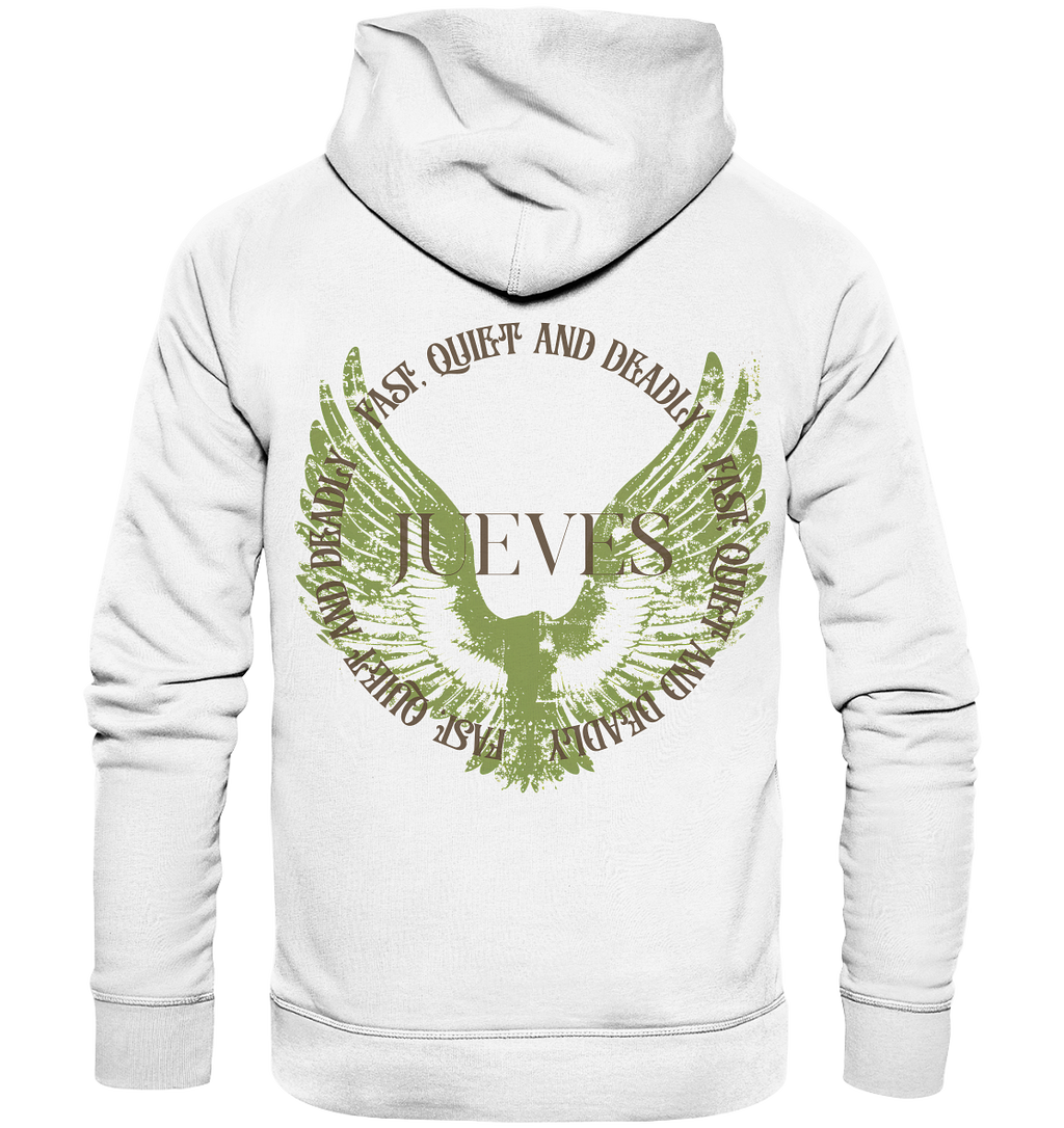 Jueves Apparel Classic Hoodie in weiß mit markantem Rückendruck – urbaner Streetwear-Style aus Bio-Baumwolle